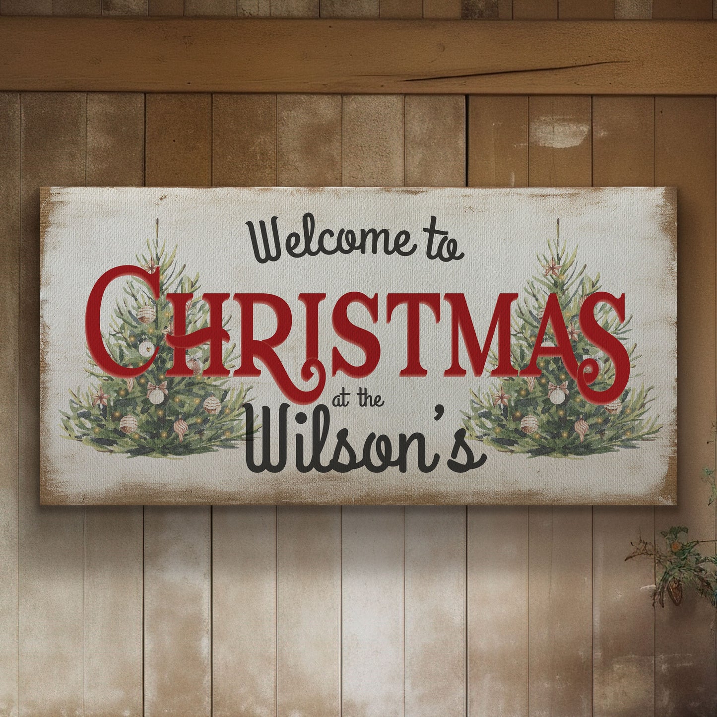 Welcome to Christmas At the Sign Custom Family Name Old Fashioned Farmhouse Christmas Personalised Rustic Santa Christmas Decor Canvas Art