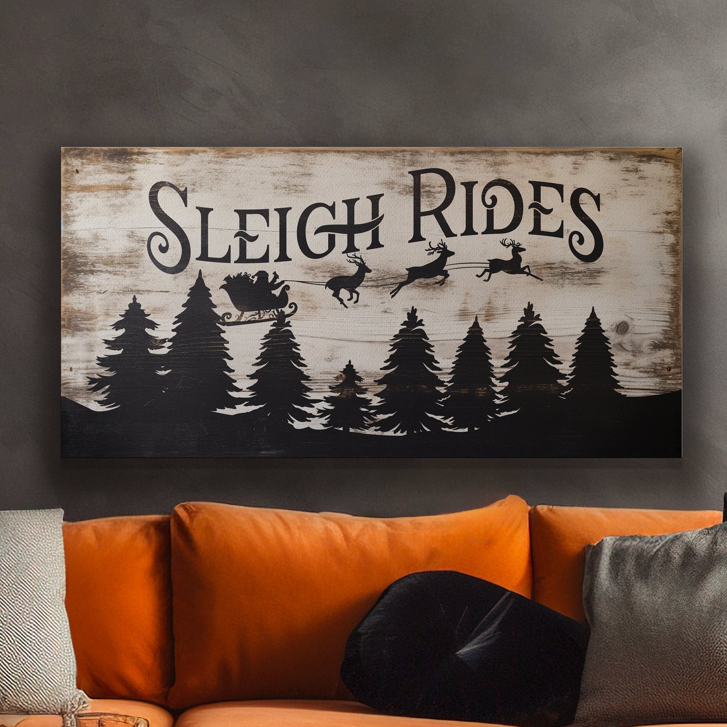 Sleigh Rides Sign Old Fashioned Farmhouse Christmas Rustic Santa Christmas Wood Textured Canvas Print Decor Canvas Art