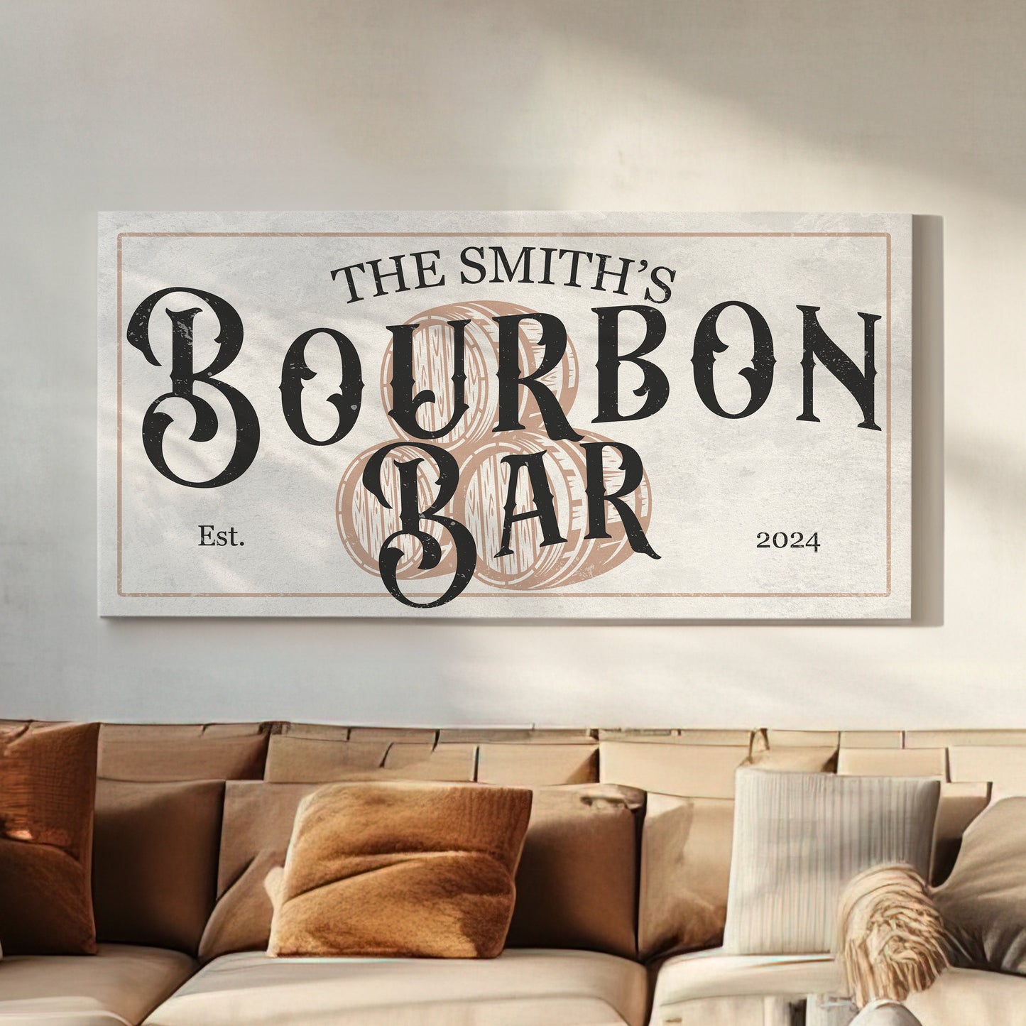 Custom Bourbon Bar Sign - Personalized Man Cave Canvas Art - Whiskey Bar Rustic Decor with Custom Family Name - High Quality Canvas Print