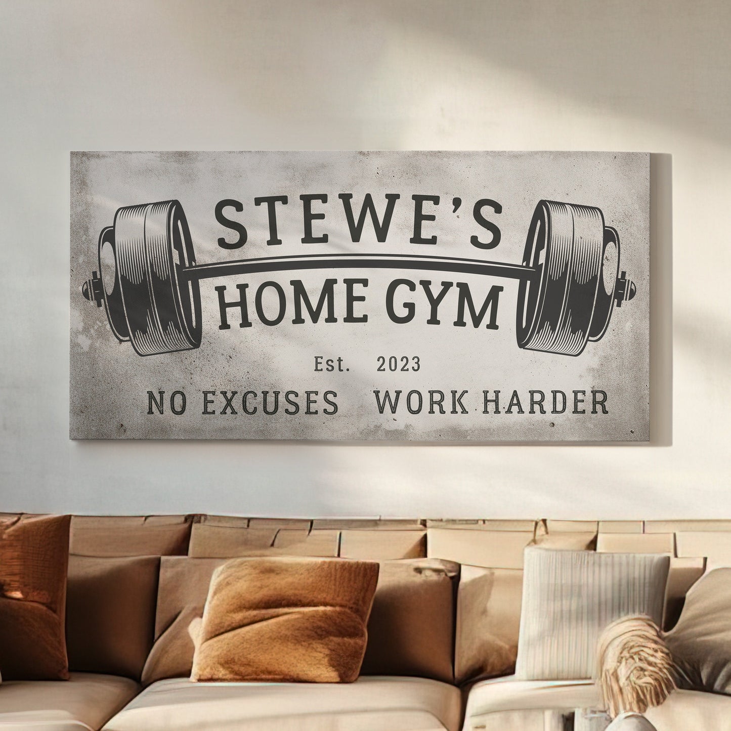 Custom Home Gym Sign, Man cave Sign Personalized Fitness Gifts, No Excuses Fitness Center Decor Gym Logo Art Huge Canvas Wall Art