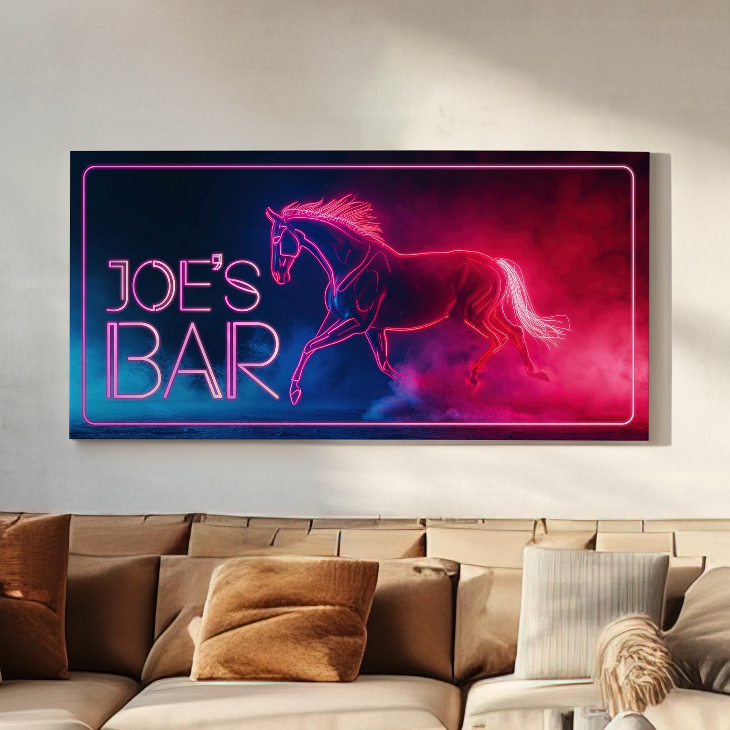 Custom Whiskey Bar Sign - Personalized Man Cave Canvas Art - Neon Horse Bar Decor with Custom Family Name - High Quality Canvas Print