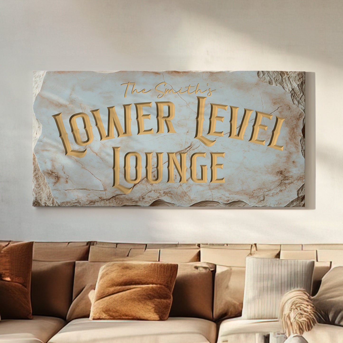 Custom Whiskey Bar Sign - Personalized Man Cave Marble Texture Lower Level Lounge Decor with Custom Family Name - High Quality Canvas Print