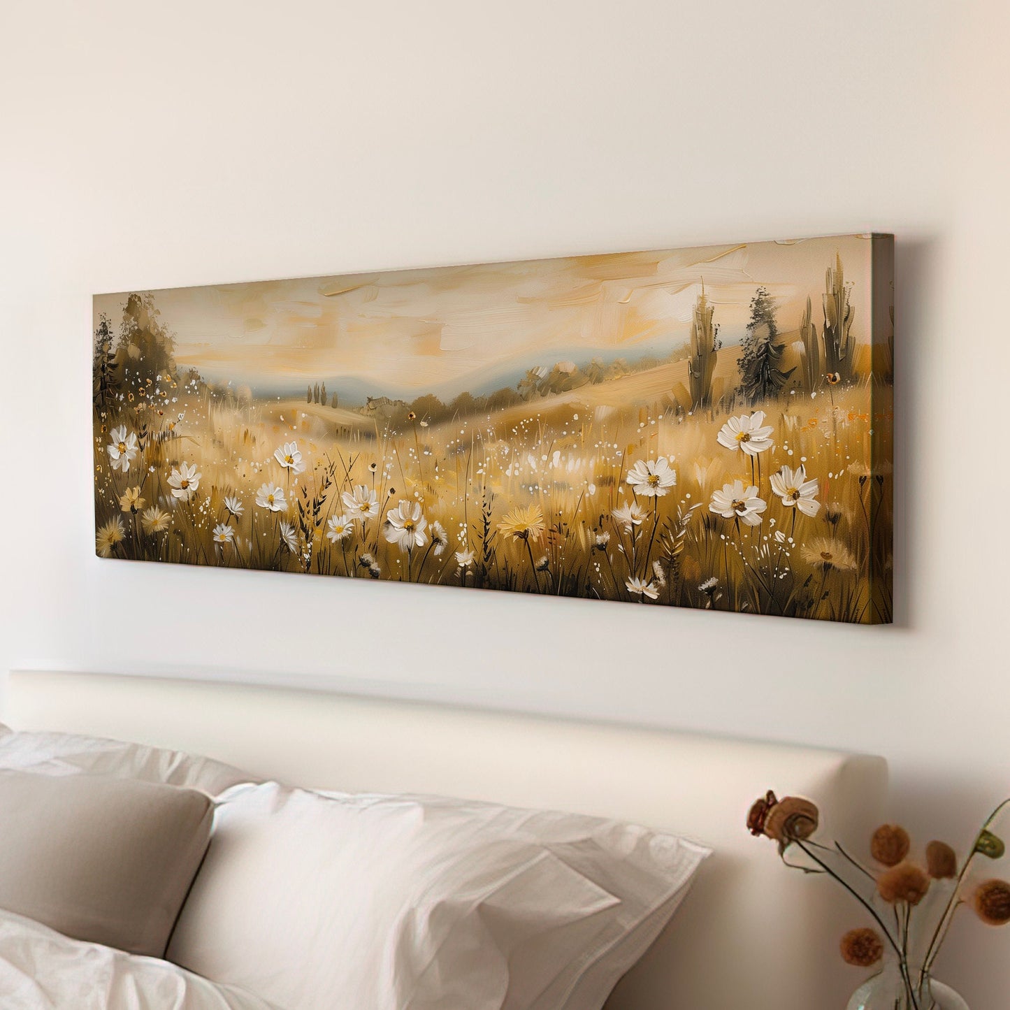 Wildflower Scene Long Horizontal Wall Art Above Bed, Panoramic Southwestern Canvas Print, Farmhouse Decor Canvas Art