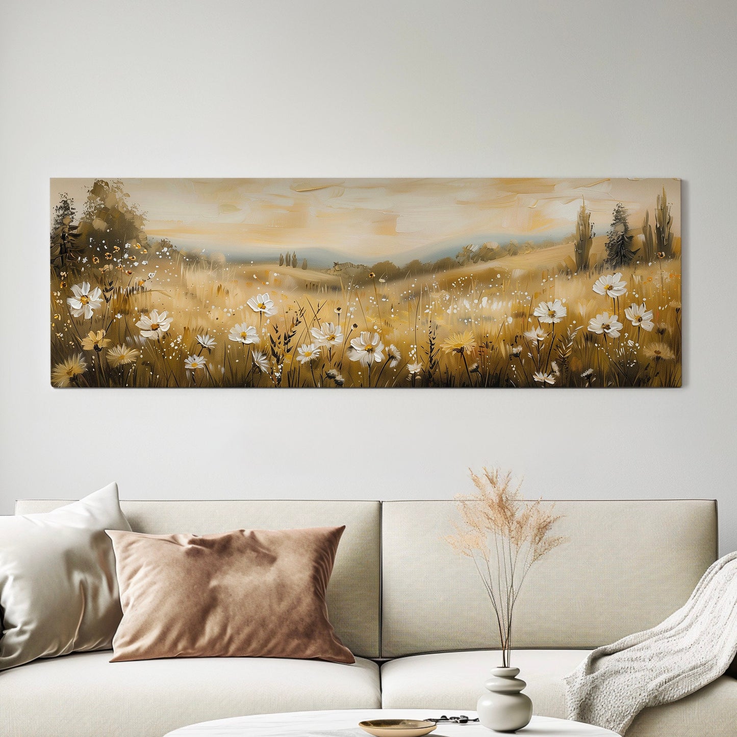 Wildflower Scene Long Horizontal Wall Art Above Bed, Panoramic Southwestern Canvas Print, Farmhouse Decor Canvas Art