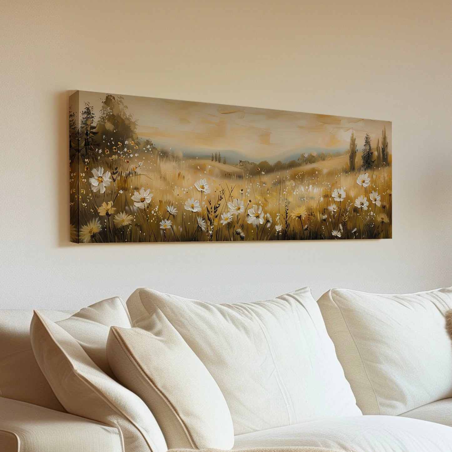 Wildflower Scene Long Horizontal Wall Art Above Bed, Panoramic Southwestern Canvas Print, Farmhouse Decor Canvas Art
