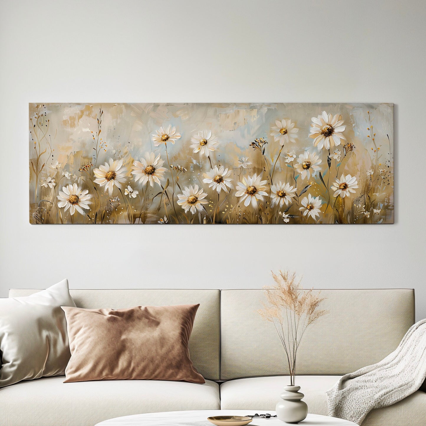 Wildflower Landscape Long Horizontal Wall Art For Guestroom Room, Panoramic Modern Canvas Print, Minimalist Decor Canvas Art