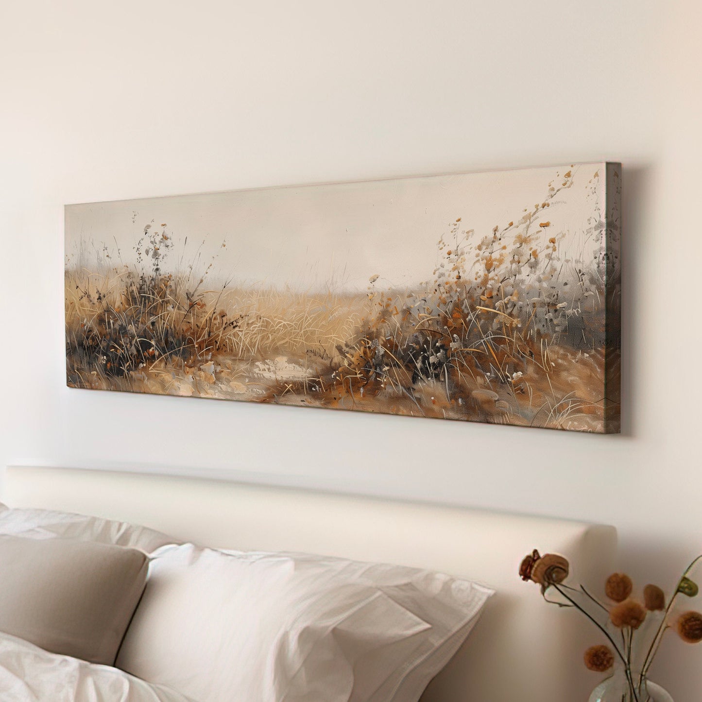 Wildflower Field Long Horizontal Wall Art For Living Room, Panoramic Prairie Canvas Print, Farmhouse Decor Canvas Art
