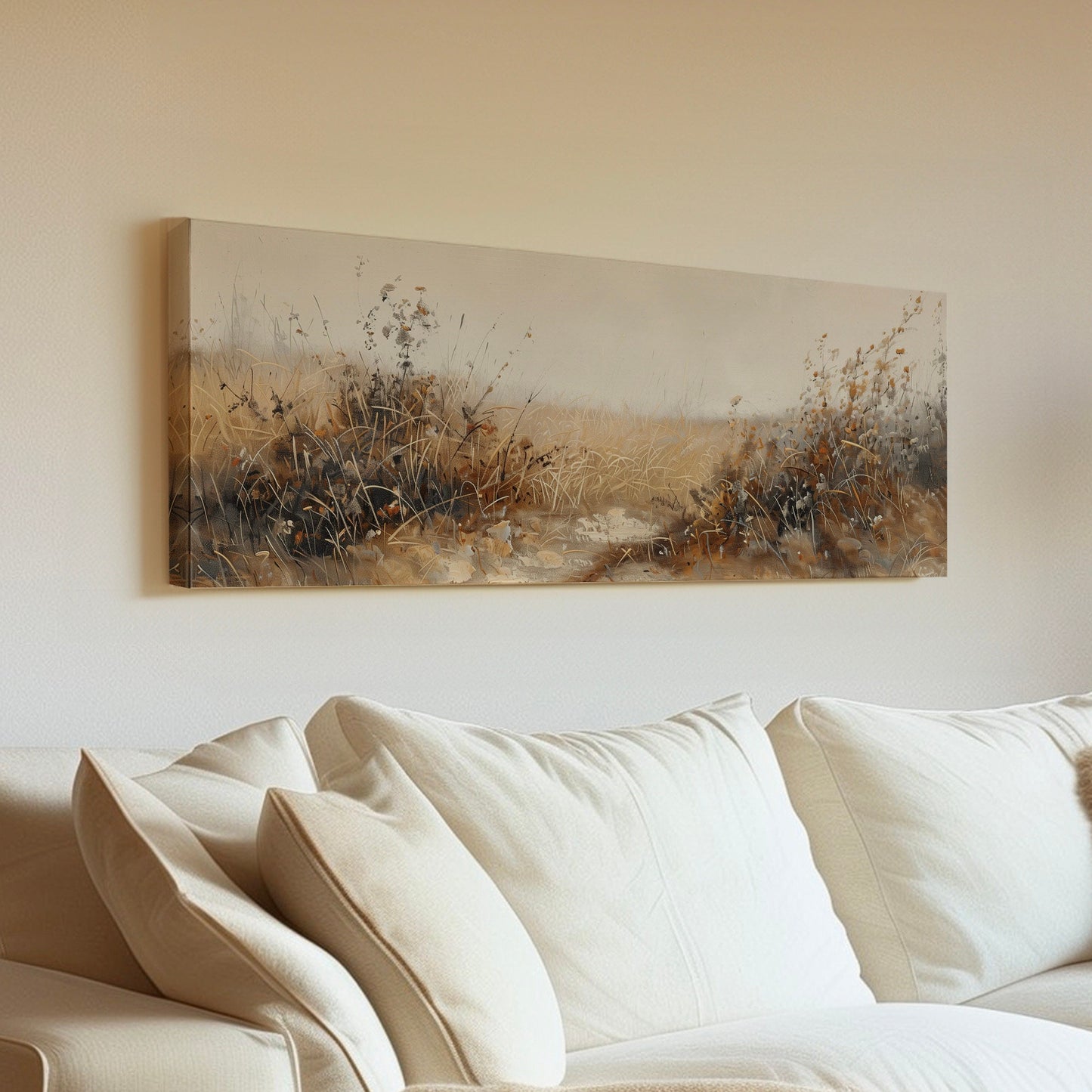 Wildflower Field Long Horizontal Wall Art For Living Room, Panoramic Prairie Canvas Print, Farmhouse Decor Canvas Art