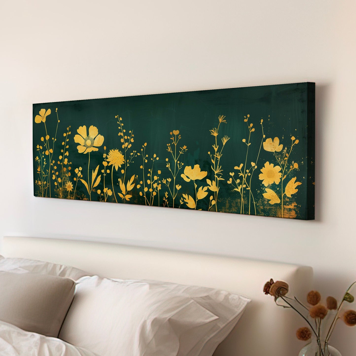 Wildflower Field Long Horizontal Wall Art For Living Room, Panoramic Green and Gold Canvas Print, Farmhouse Decor Canvas Art