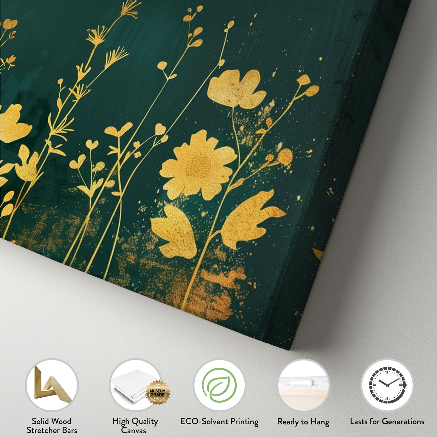 Wildflower Field Long Horizontal Wall Art For Living Room, Panoramic Green and Gold Canvas Print, Farmhouse Decor Canvas Art