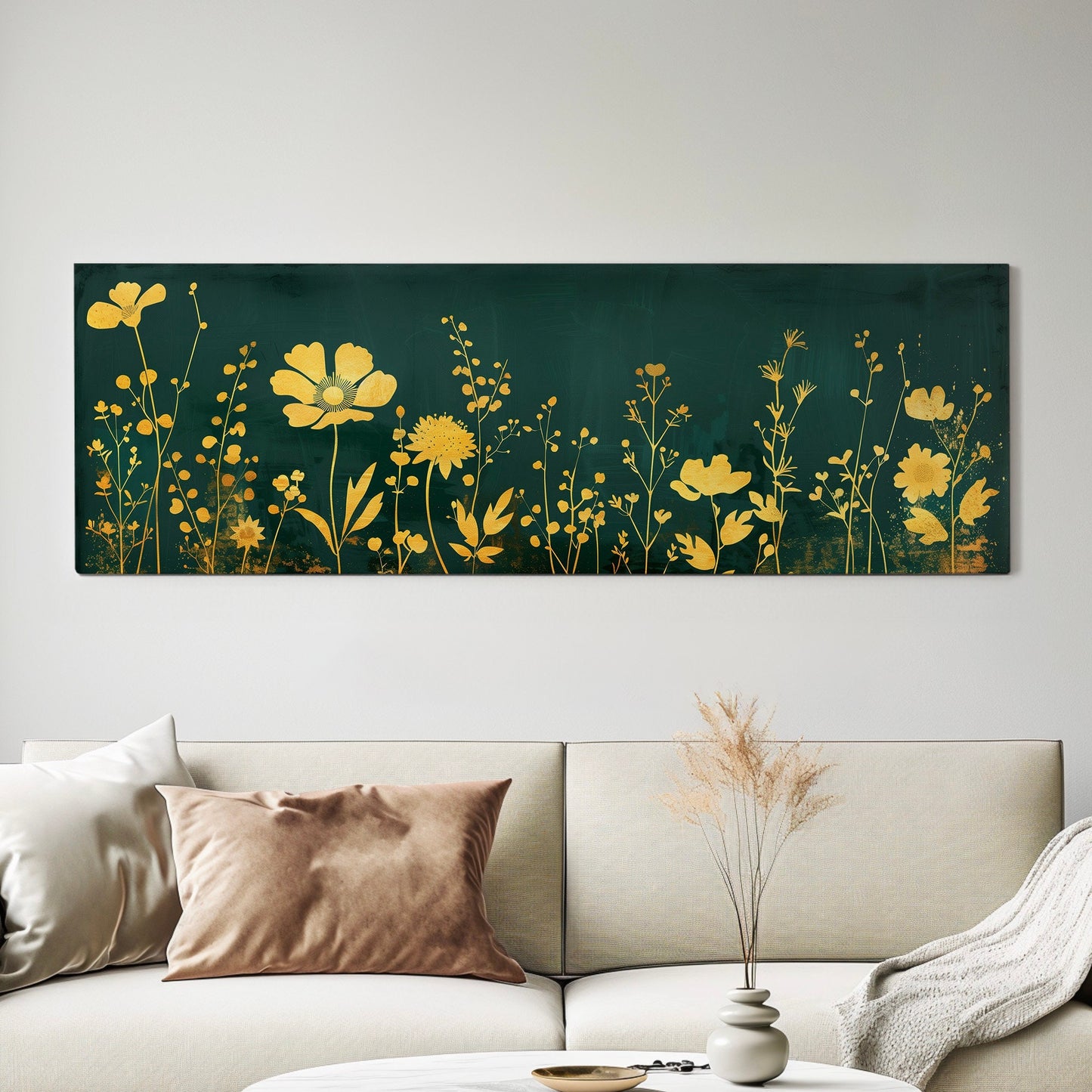 Wildflower Field Long Horizontal Wall Art For Living Room, Panoramic Green and Gold Canvas Print, Farmhouse Decor Canvas Art