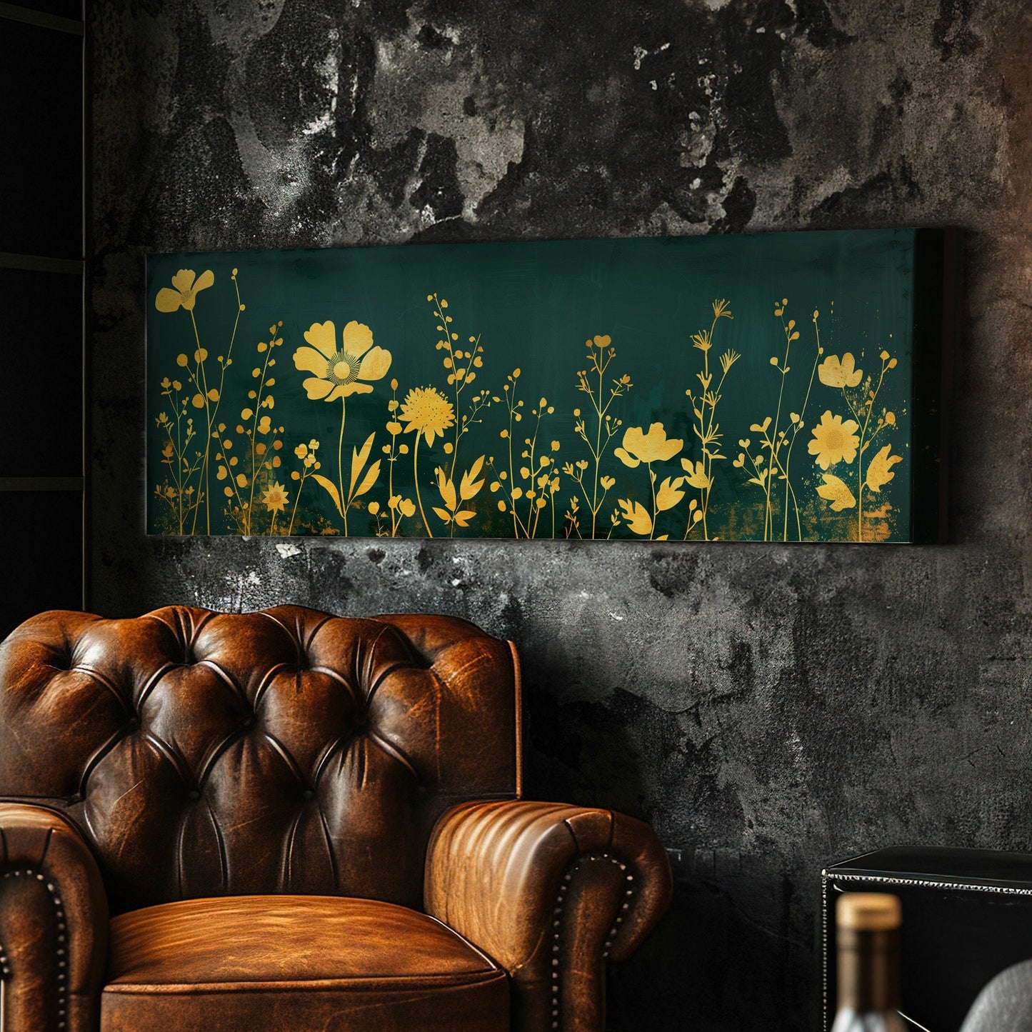 Wildflower Field Long Horizontal Wall Art For Living Room, Panoramic Green and Gold Canvas Print, Farmhouse Decor Canvas Art