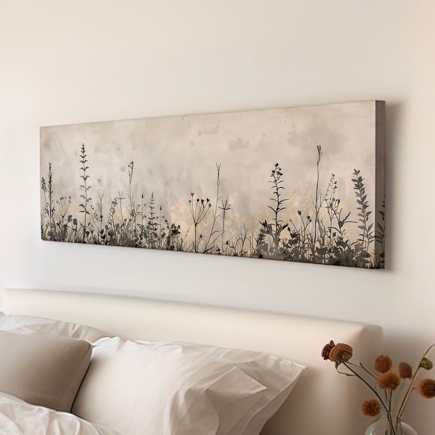Wildflower Field Long Horizontal Wall Art For Living Room, Panoramic Floral Canvas Print, Farm House Decor Canvas Art
