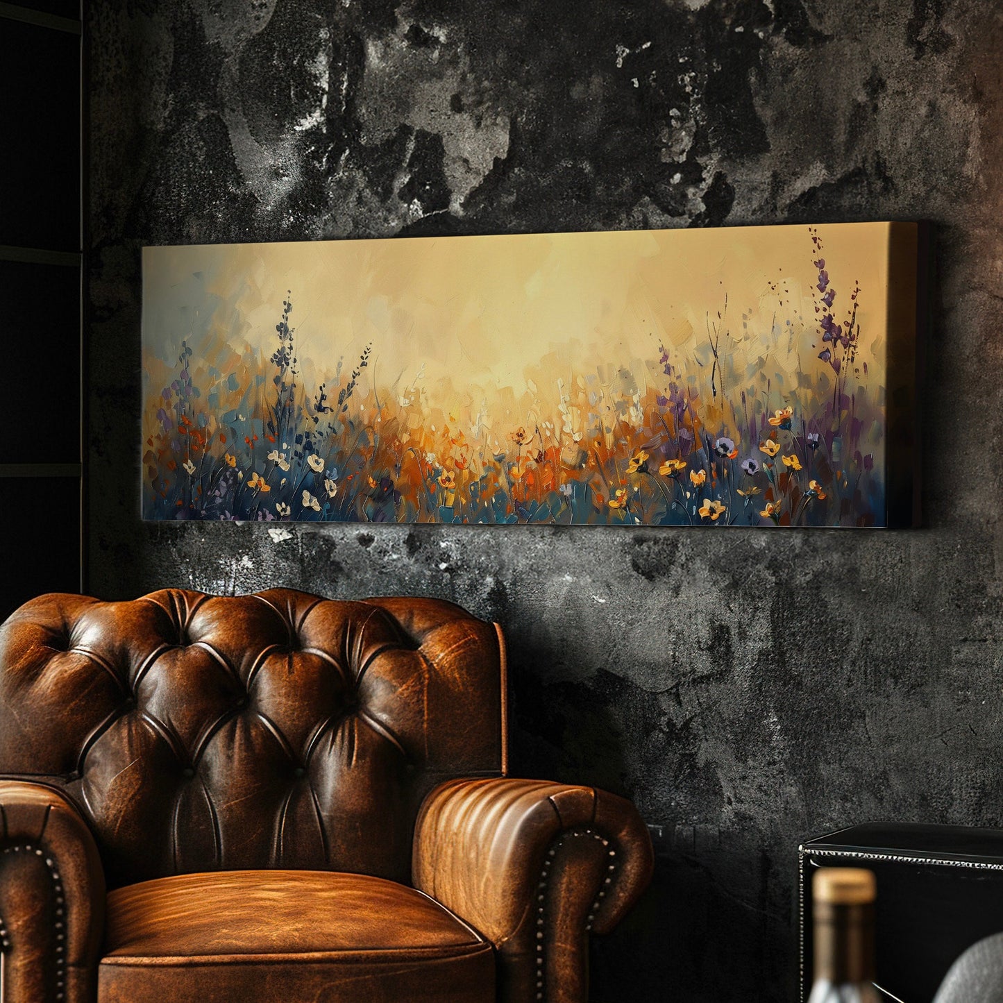 Wildflower Field Long Horizontal Wall Art Above Bed, Panoramic Cattle Ranch Canvas Print, Farmhouse Decor Canvas Art