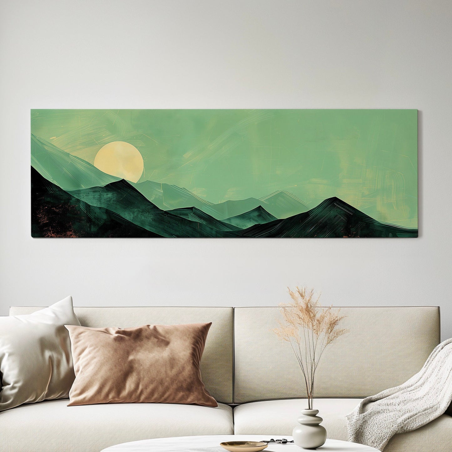 Sunrise in the Mountains Long Horizontal Wall Art For Bedroom, Panoramic Moss Green Canvas Print, Minimal Asparagus Decor Canvas Art