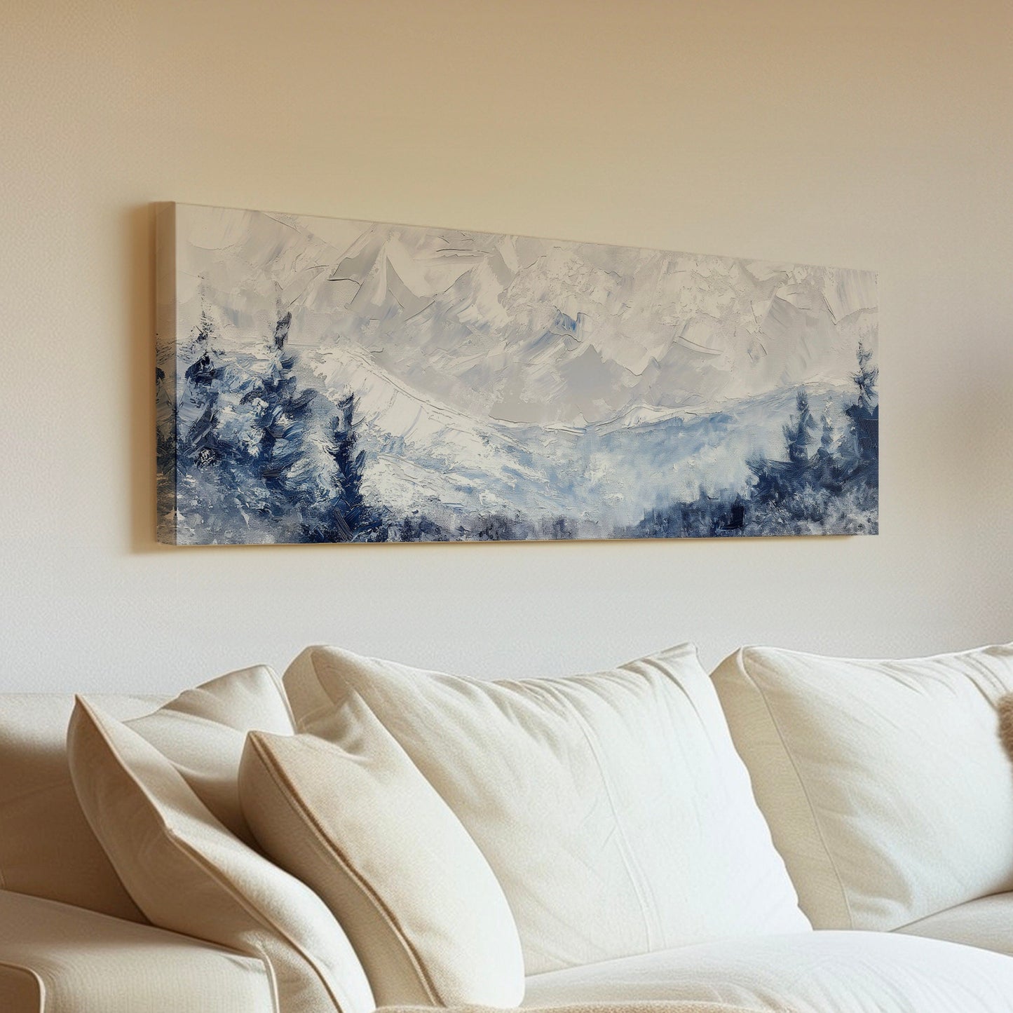 Snowy Pine Forest Long Horizontal Wall Art Above Bed, Panoramic Mountains Canvas Print, Light Blue Decor Canvas Art