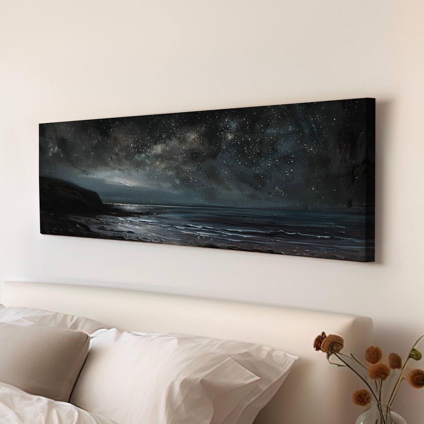 Sea Shore at Night Long Horizontal Wall Art For Bedroom, Panoramic Beautiful Mountain Canvas Print, Moody Night Decor Canvas Art