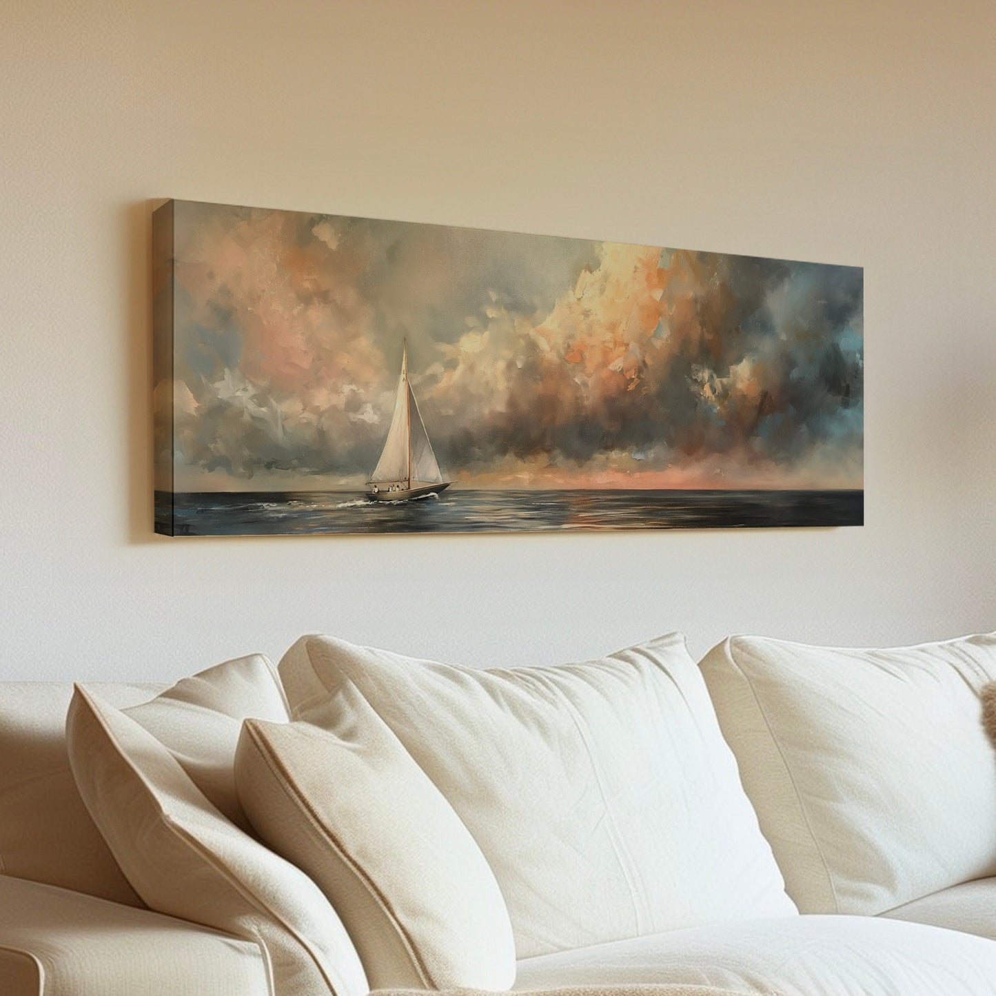 Sailing Seascape Long Horizontal Wall Art For Living Room, Panoramic Sailboat Canvas Print, Lake House Decor Canvas Art