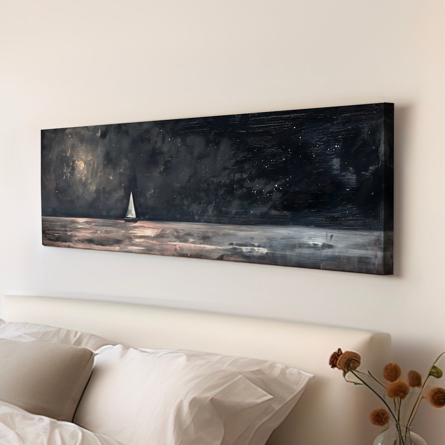 Sailboat Under Full Moon Long Horizontal Wall Art For Bedroom, Panoramic Nautical Canvas Print, Lakehouse Decor Canvas Art
