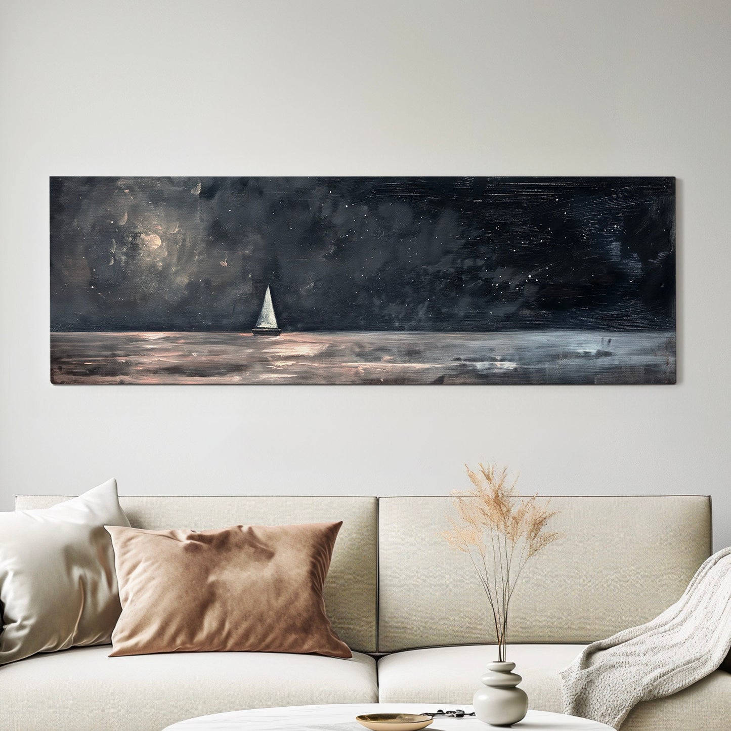 Sailboat Under Full Moon Long Horizontal Wall Art For Bedroom, Panoramic Nautical Canvas Print, Lakehouse Decor Canvas Art