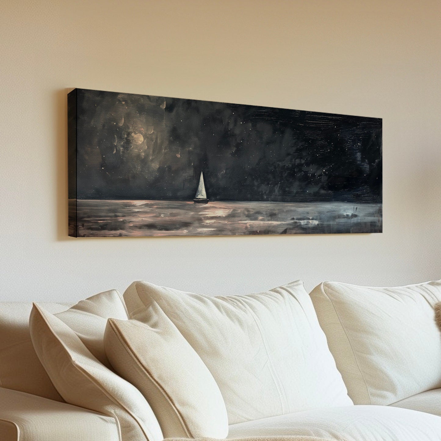 Sailboat Under Full Moon Long Horizontal Wall Art For Bedroom, Panoramic Nautical Canvas Print, Lakehouse Decor Canvas Art