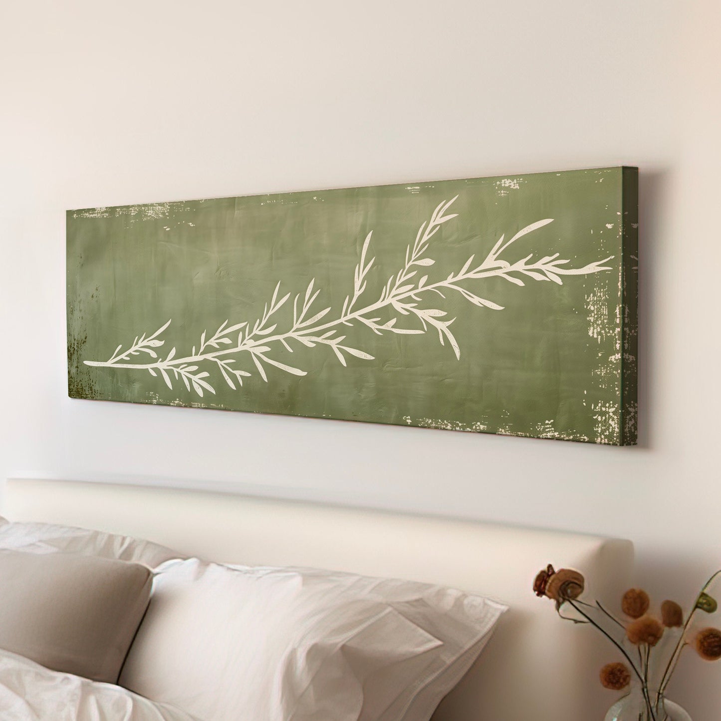 Rosemary Plant Long Horizontal Wall Art For Kitchen, Panoramic Botanical Canvas Print, Olive Green Decor Canvas Art