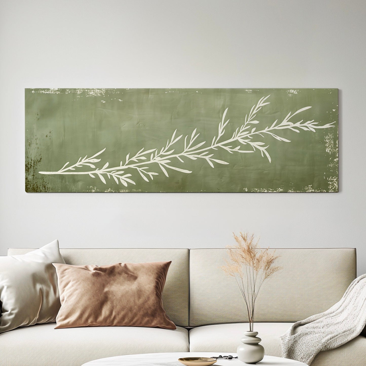 Rosemary Plant Long Horizontal Wall Art For Kitchen, Panoramic Botanical Canvas Print, Olive Green Decor Canvas Art