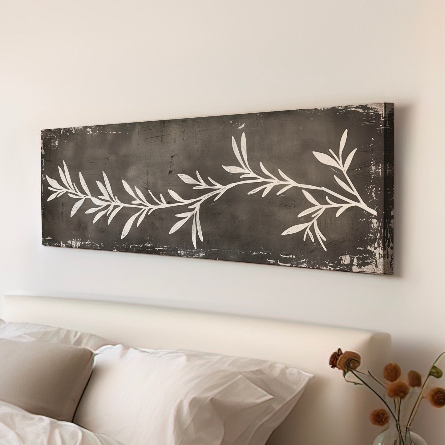 Rosemary Plant Long Horizontal Wall Art For Kitchen, Panoramic Botanical Canvas Print, Dark grey Decor Canvas Art