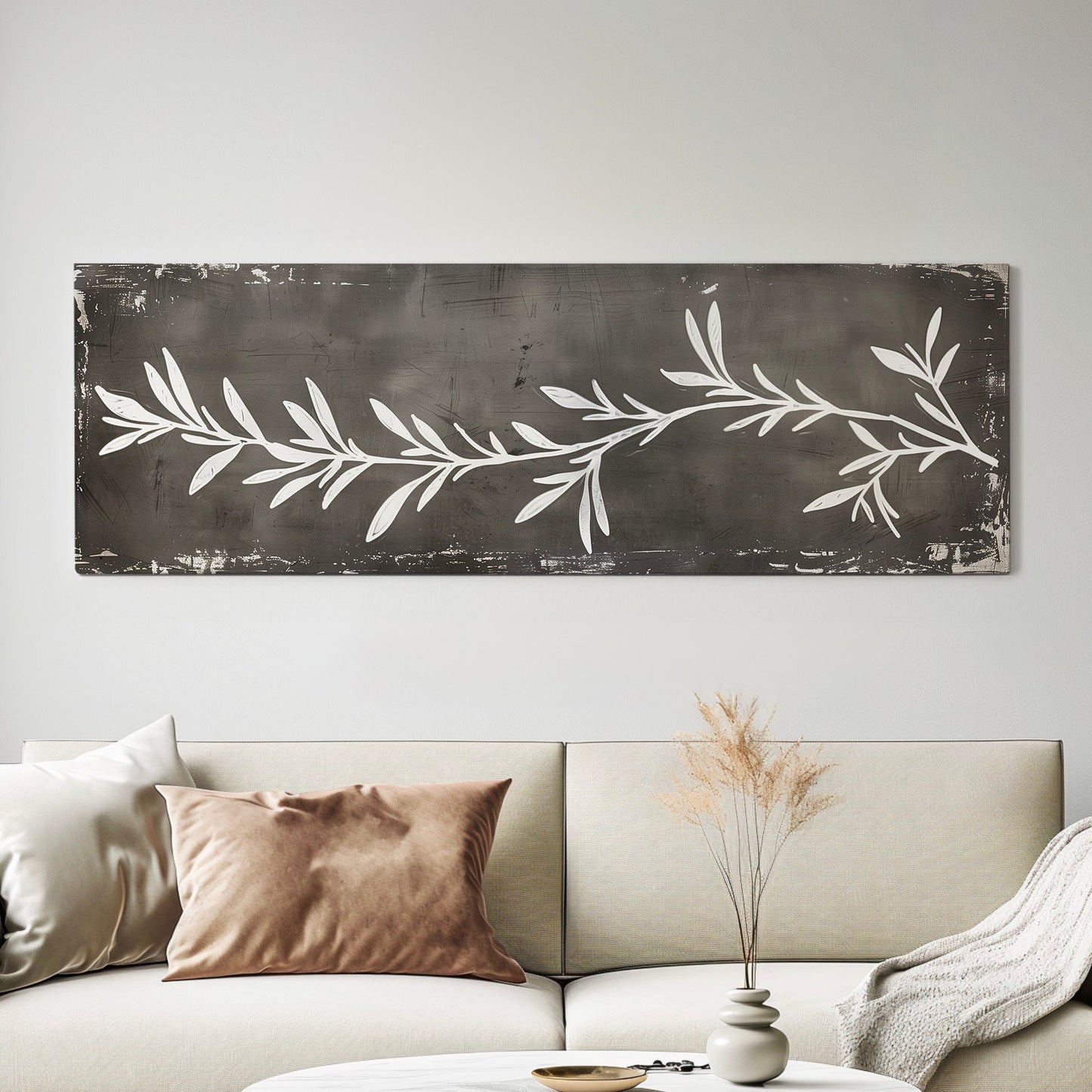 Rosemary Plant Long Horizontal Wall Art For Kitchen, Panoramic Botanical Canvas Print, Dark grey Decor Canvas Art