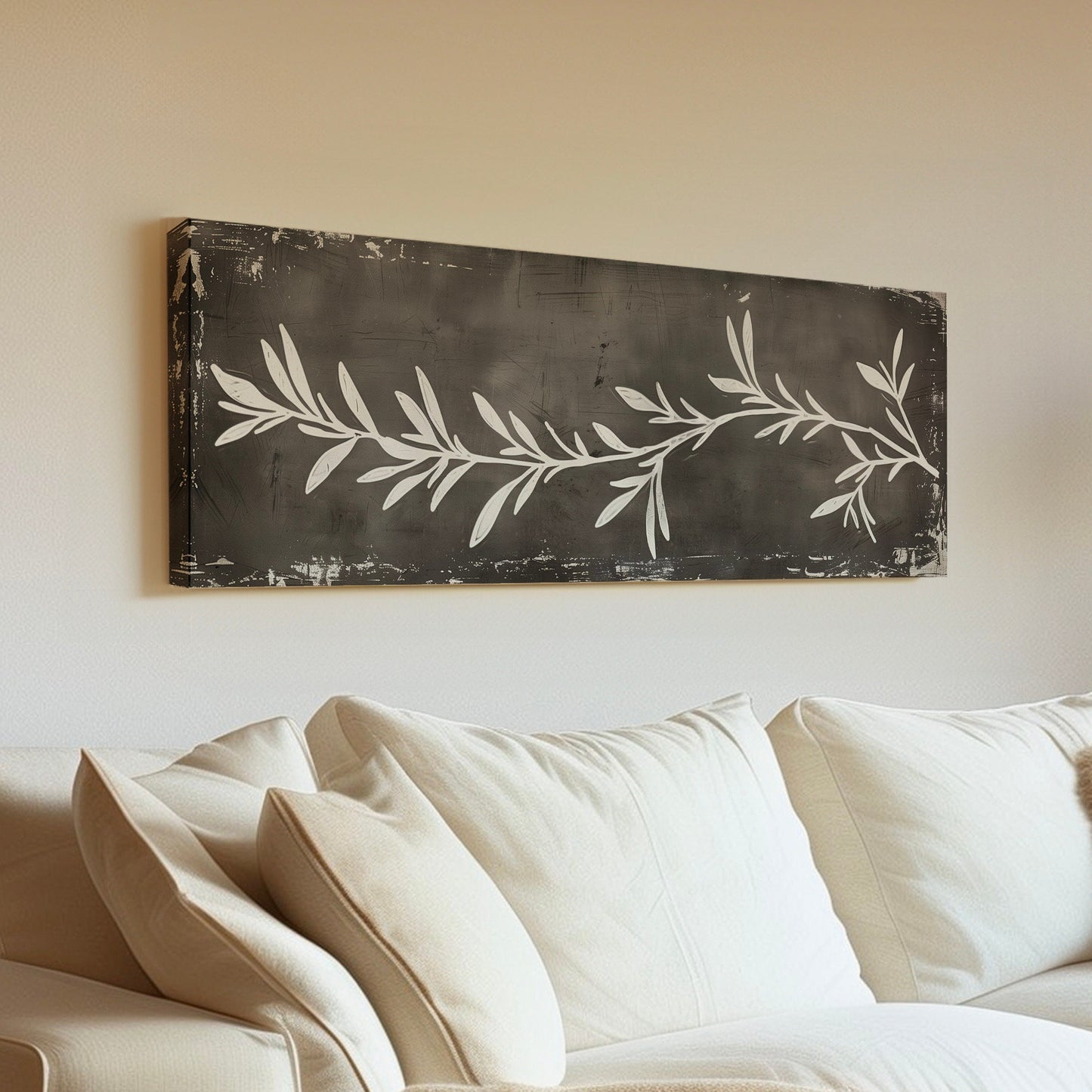 Rosemary Plant Long Horizontal Wall Art For Kitchen, Panoramic Botanical Canvas Print, Dark grey Decor Canvas Art
