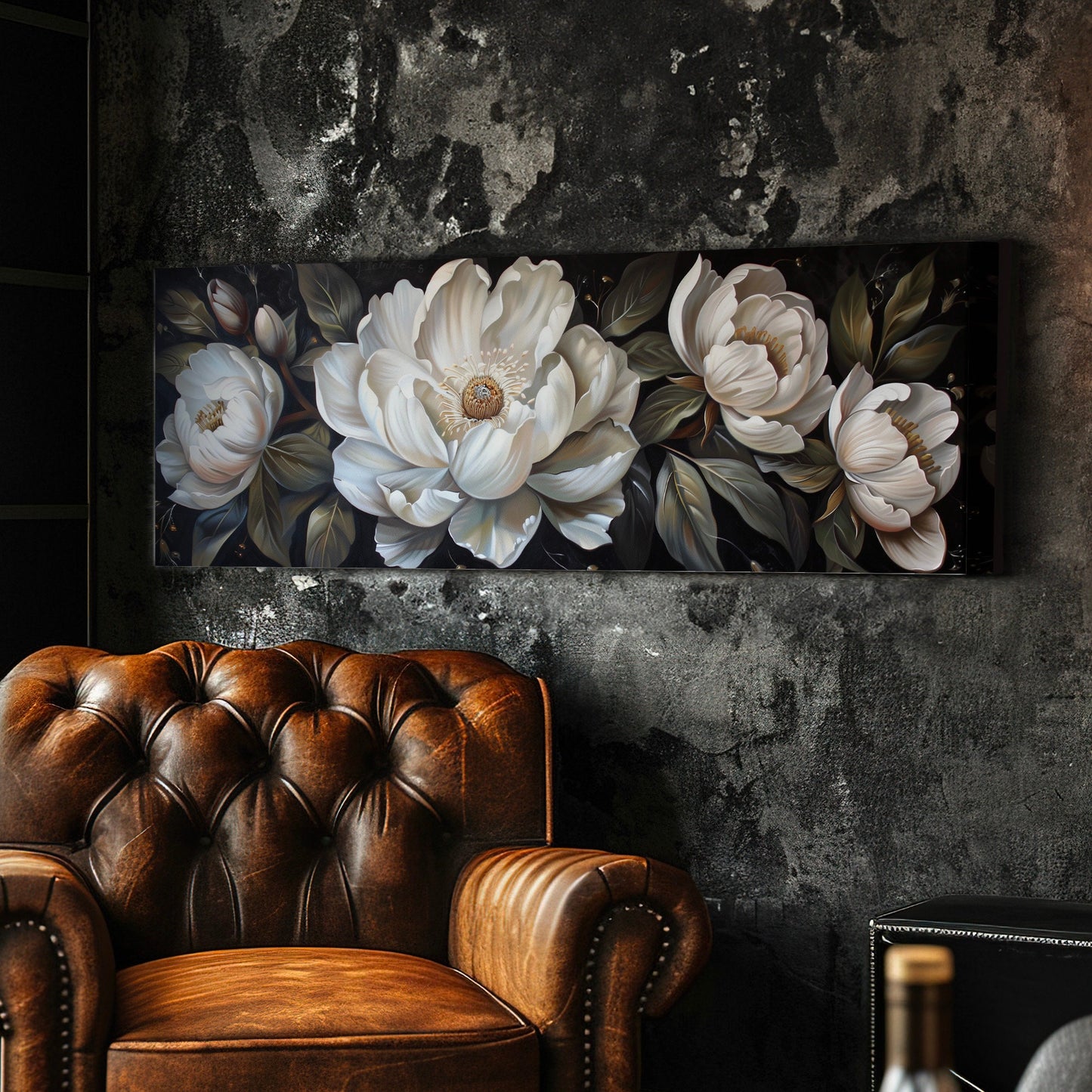 Rennaisance Floral Long Horizontal Wall Art For Guestroom, Panoramic Beautiful Flower Canvas Print, Botanical Decor Canvas Art