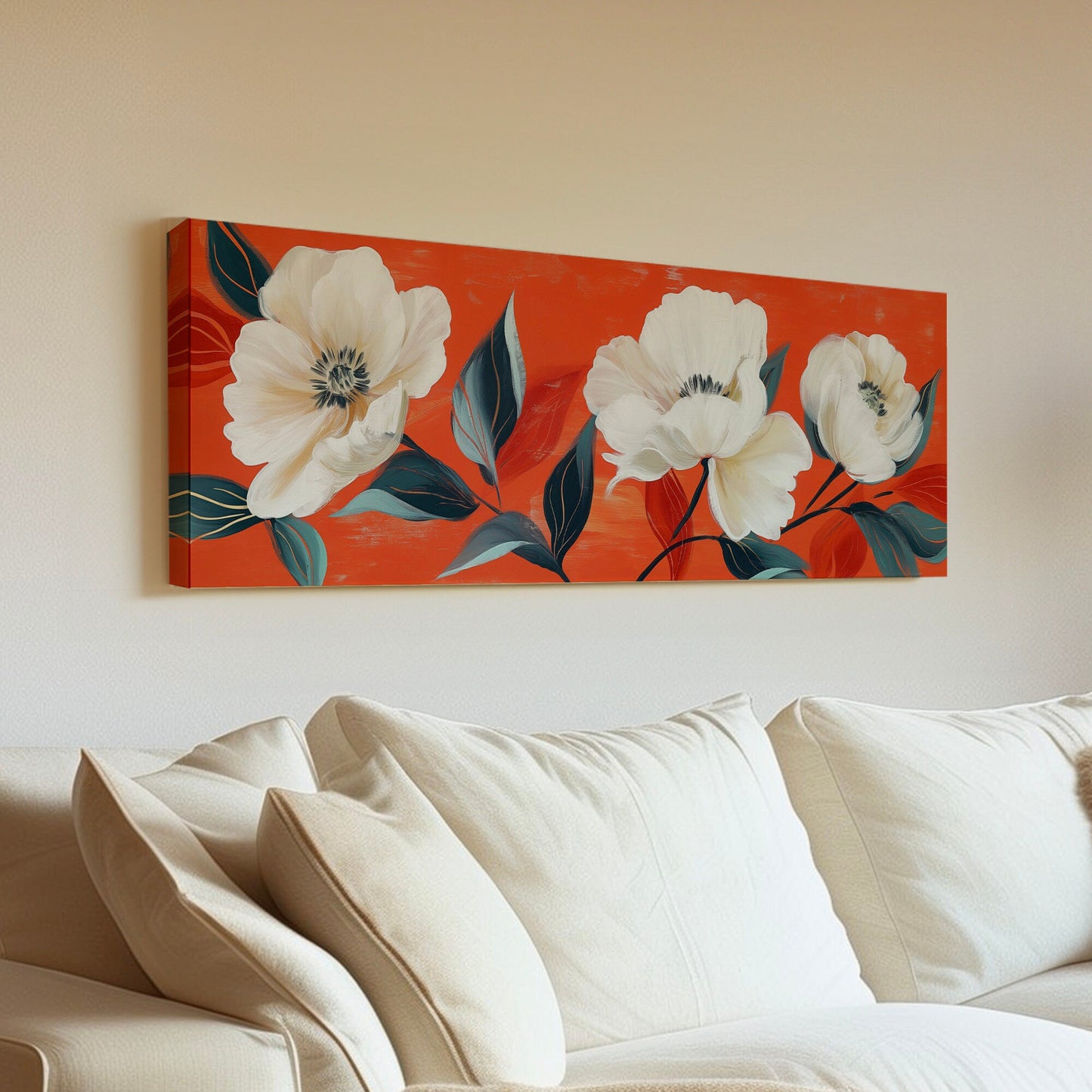 Renaissance White Flowers Long Horizontal Wall Art For Living Room, Panoramic Vintage Oil Painting Canvas Print, Floral Decor Canvas Art