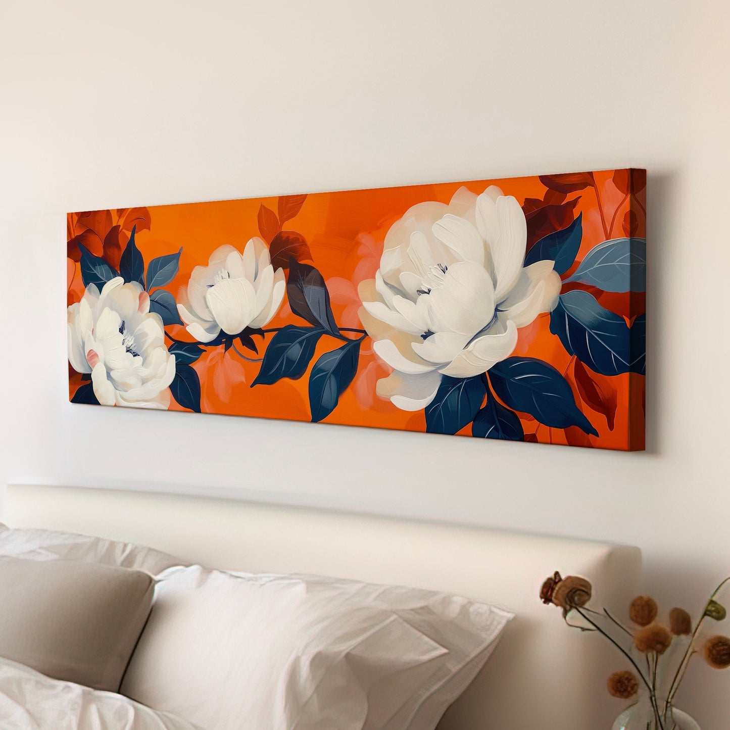 Renaissance Flowers Long Horizontal Wall Art For Bedroom, Panoramic Vintage Oil Painting Canvas Print, Floral Decor Canvas Art