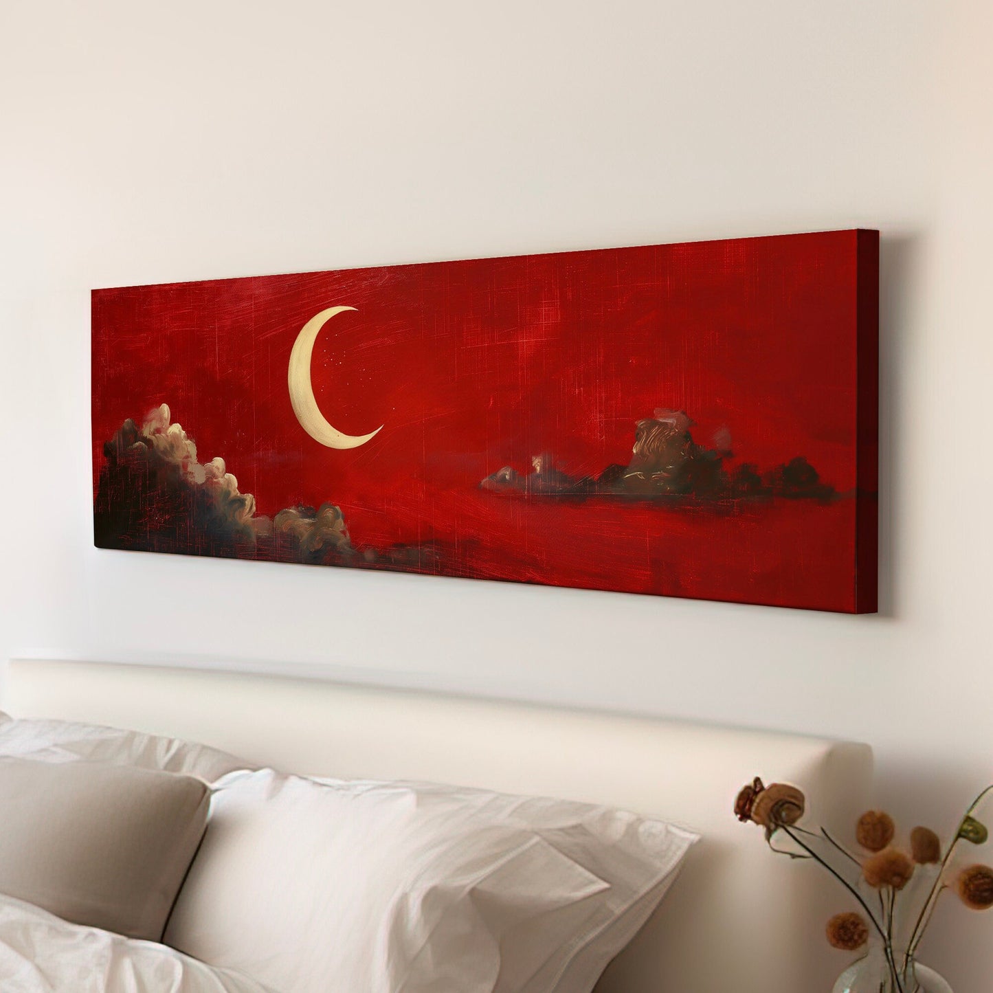 Red Half Moon Long Horizontal Wall Art Above Bed, Panoramic Moody Sky Canvas Print, Lunar Decor Canvas Art