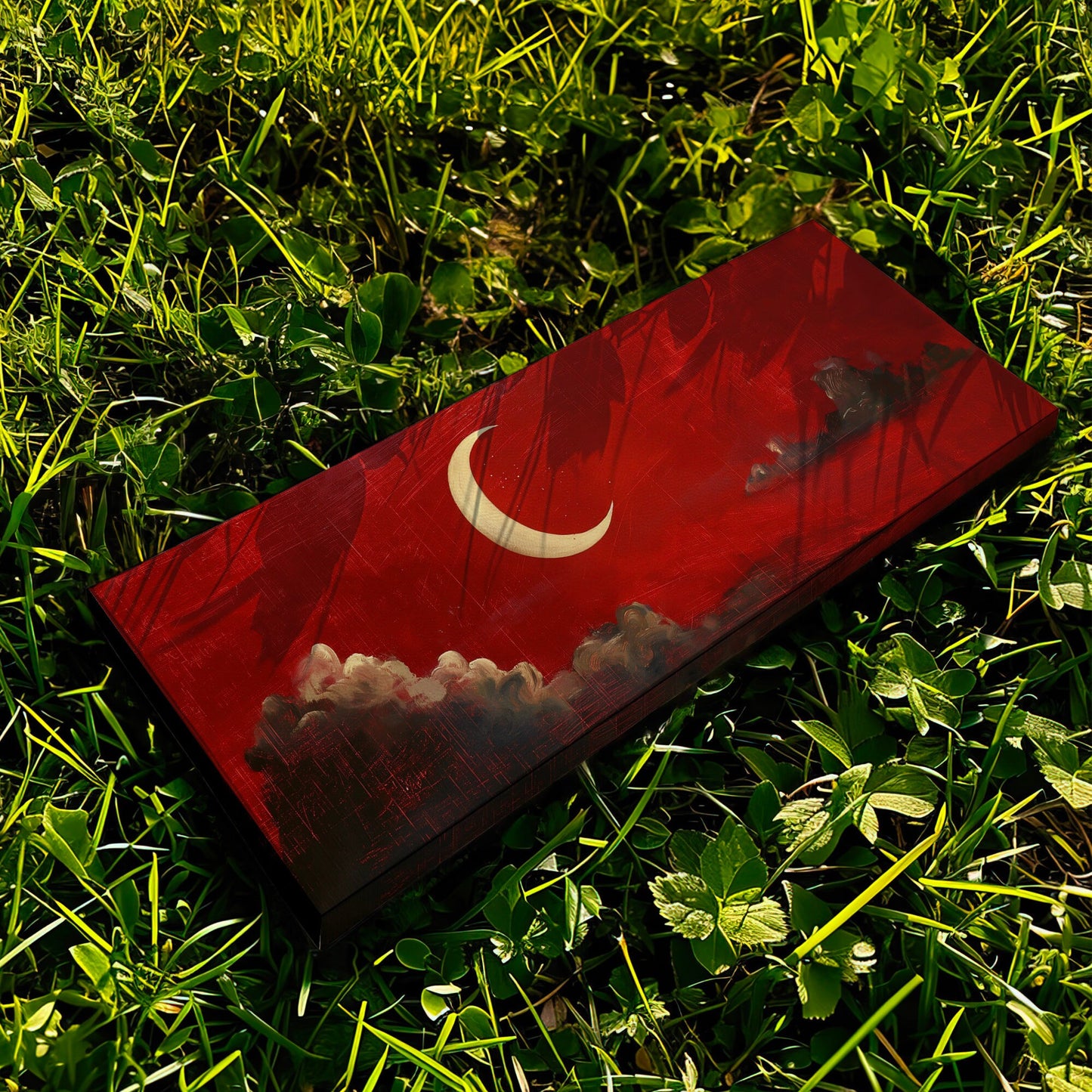 Red Half Moon Long Horizontal Wall Art Above Bed, Panoramic Moody Sky Canvas Print, Lunar Decor Canvas Art