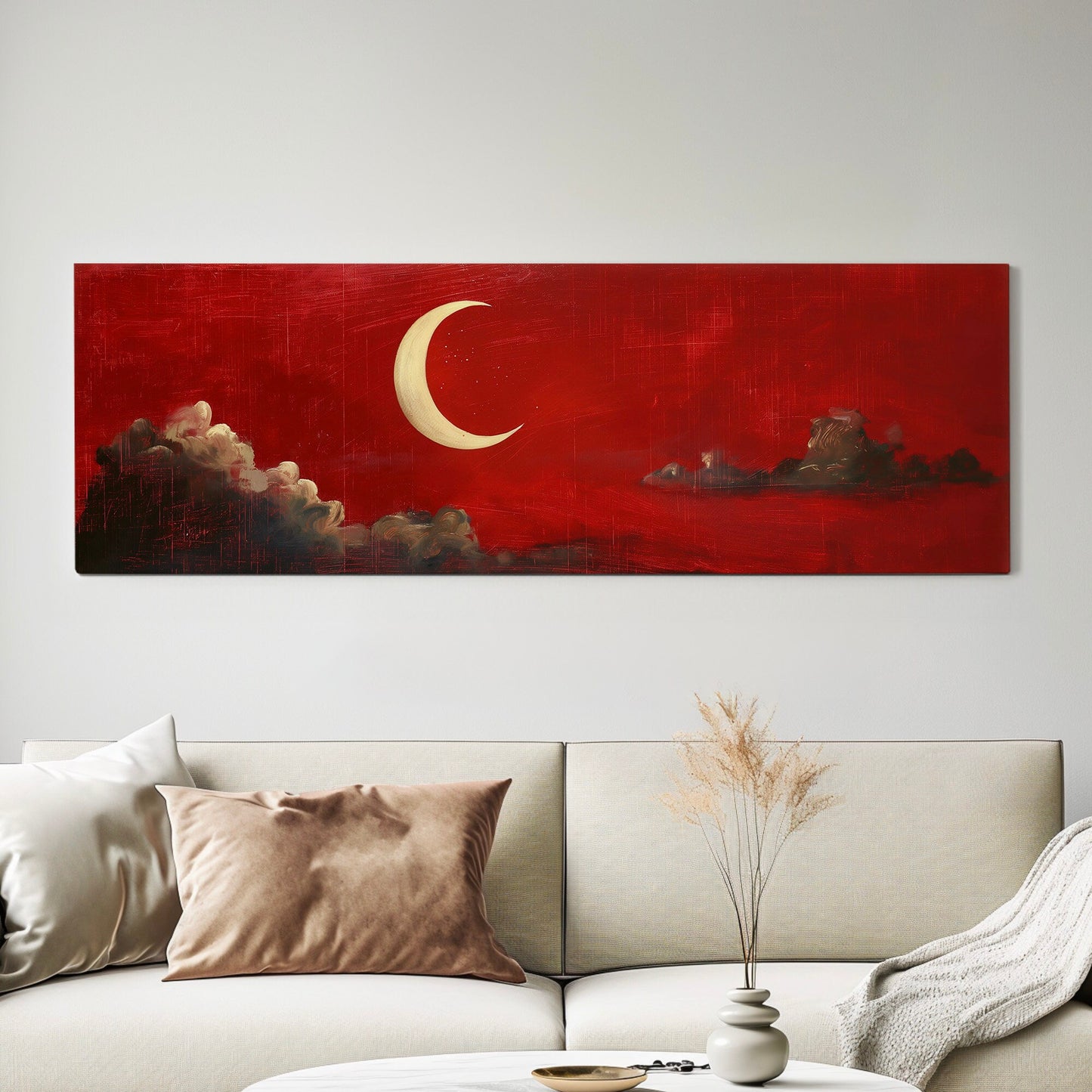 Red Half Moon Long Horizontal Wall Art Above Bed, Panoramic Moody Sky Canvas Print, Lunar Decor Canvas Art