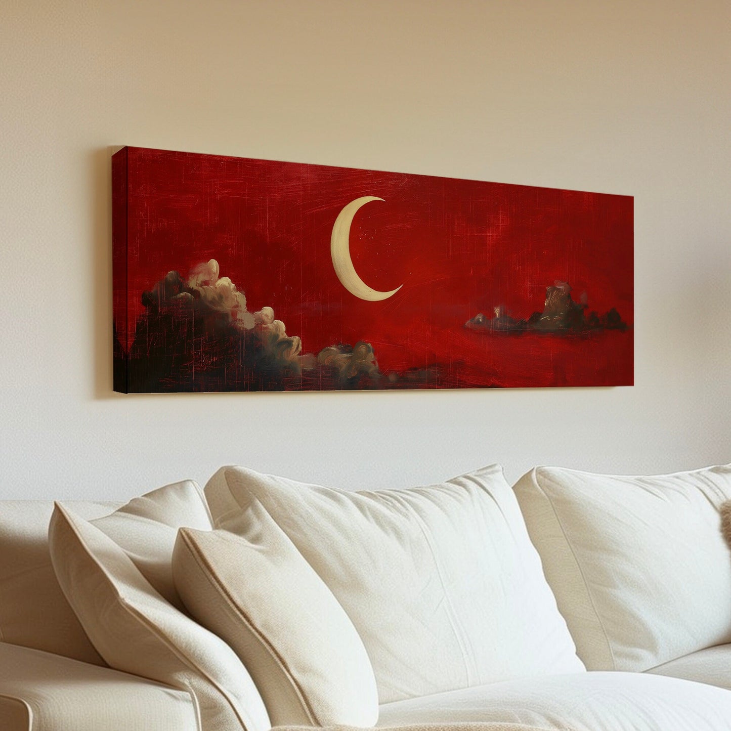 Red Half Moon Long Horizontal Wall Art Above Bed, Panoramic Moody Sky Canvas Print, Lunar Decor Canvas Art