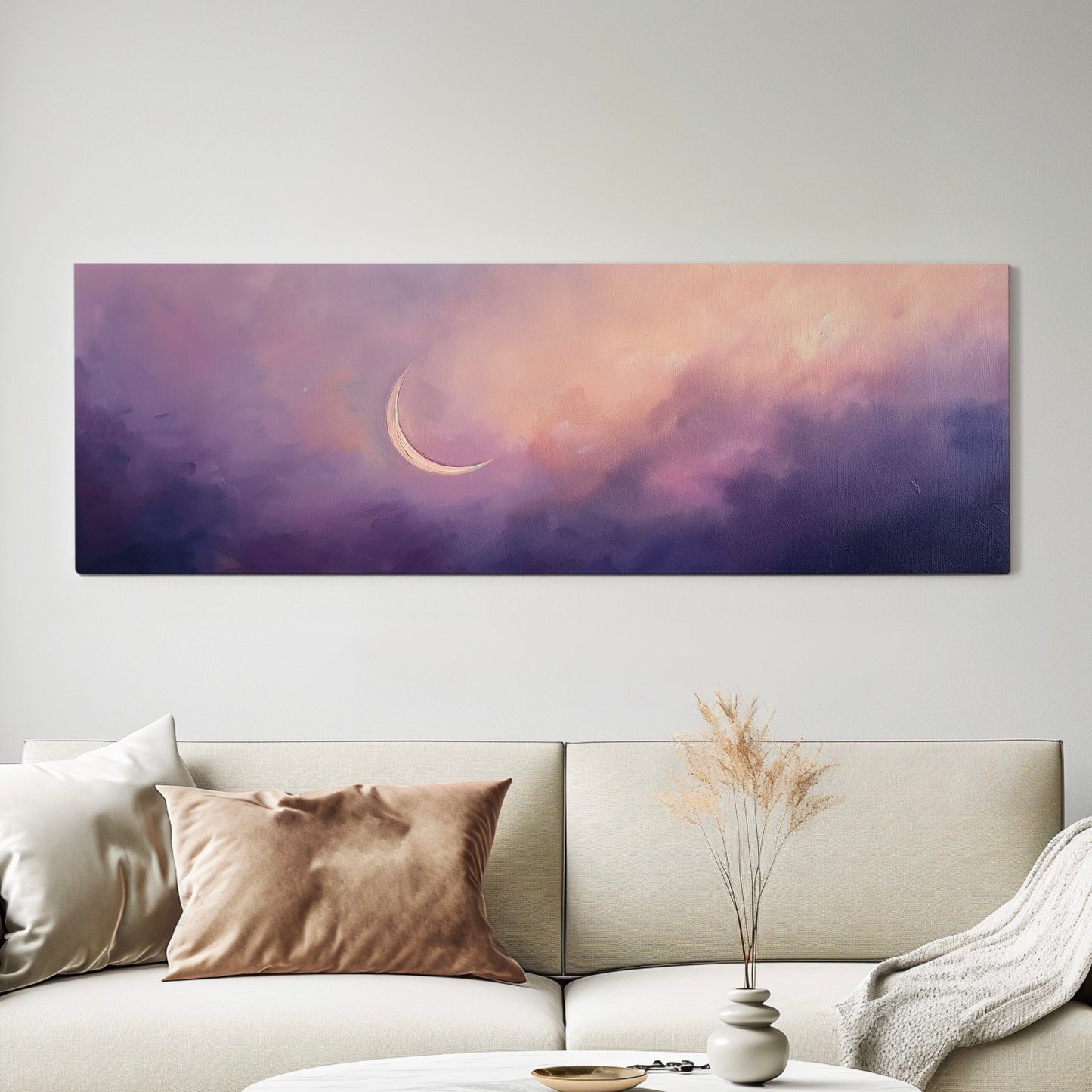 Purple Crescent Moon Long Horizontal Wall Art For Bedroom, Panoramic Lavender Sky Canvas Print, Moody Cloud Decor Canvas Art