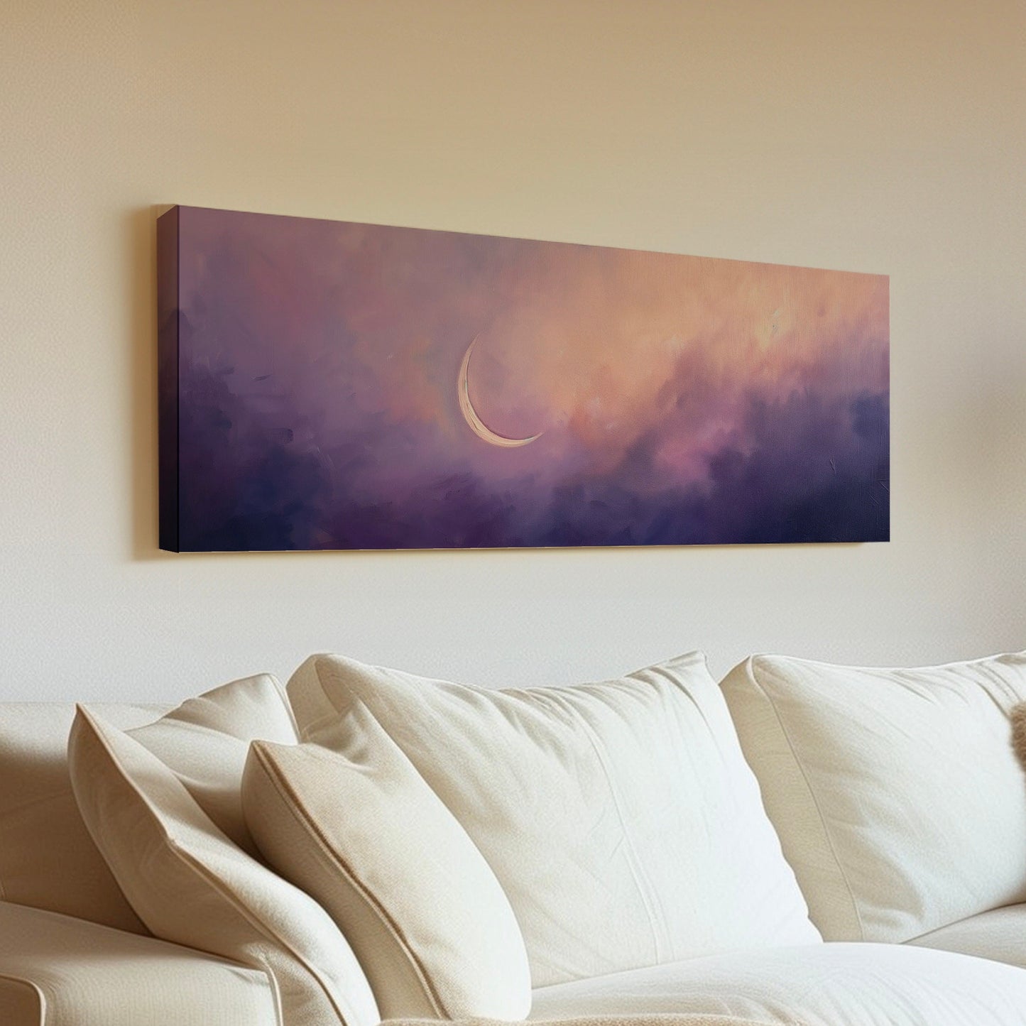 Purple Crescent Moon Long Horizontal Wall Art For Bedroom, Panoramic Lavender Sky Canvas Print, Moody Cloud Decor Canvas Art