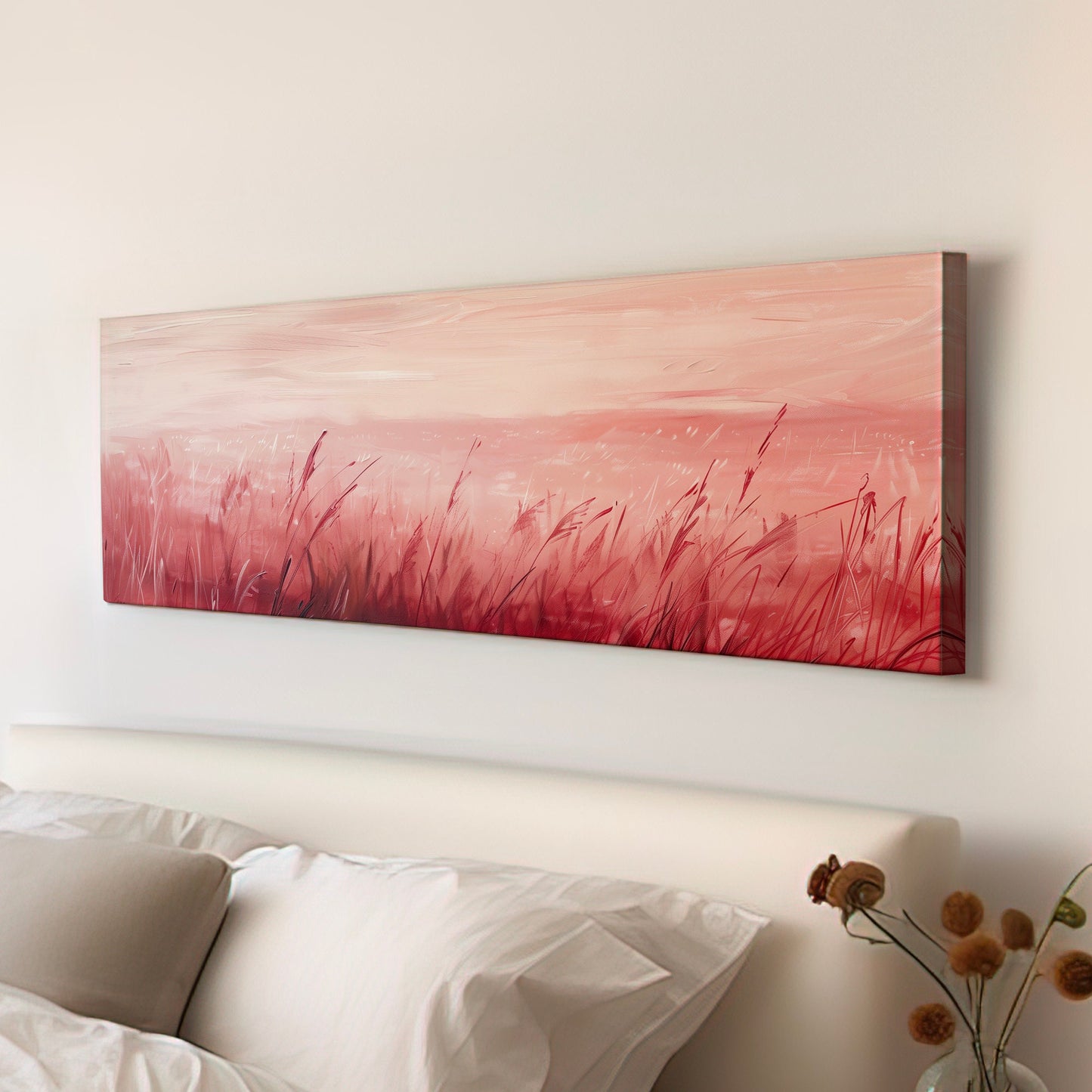 Pink Pampas Grass Field Long Horizontal Wall Art For Living Room, Panoramic Sunset Canvas Print, Farmhouse Decor Canvas Art