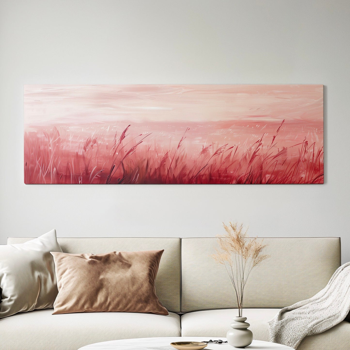 Pink Pampas Grass Field Long Horizontal Wall Art For Living Room, Panoramic Sunset Canvas Print, Farmhouse Decor Canvas Art
