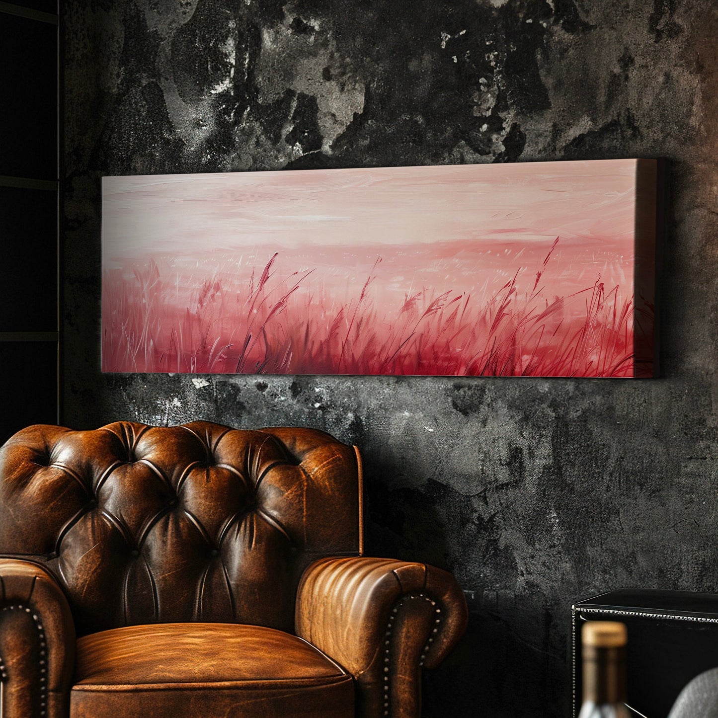 Pink Pampas Grass Field Long Horizontal Wall Art For Living Room, Panoramic Sunset Canvas Print, Farmhouse Decor Canvas Art