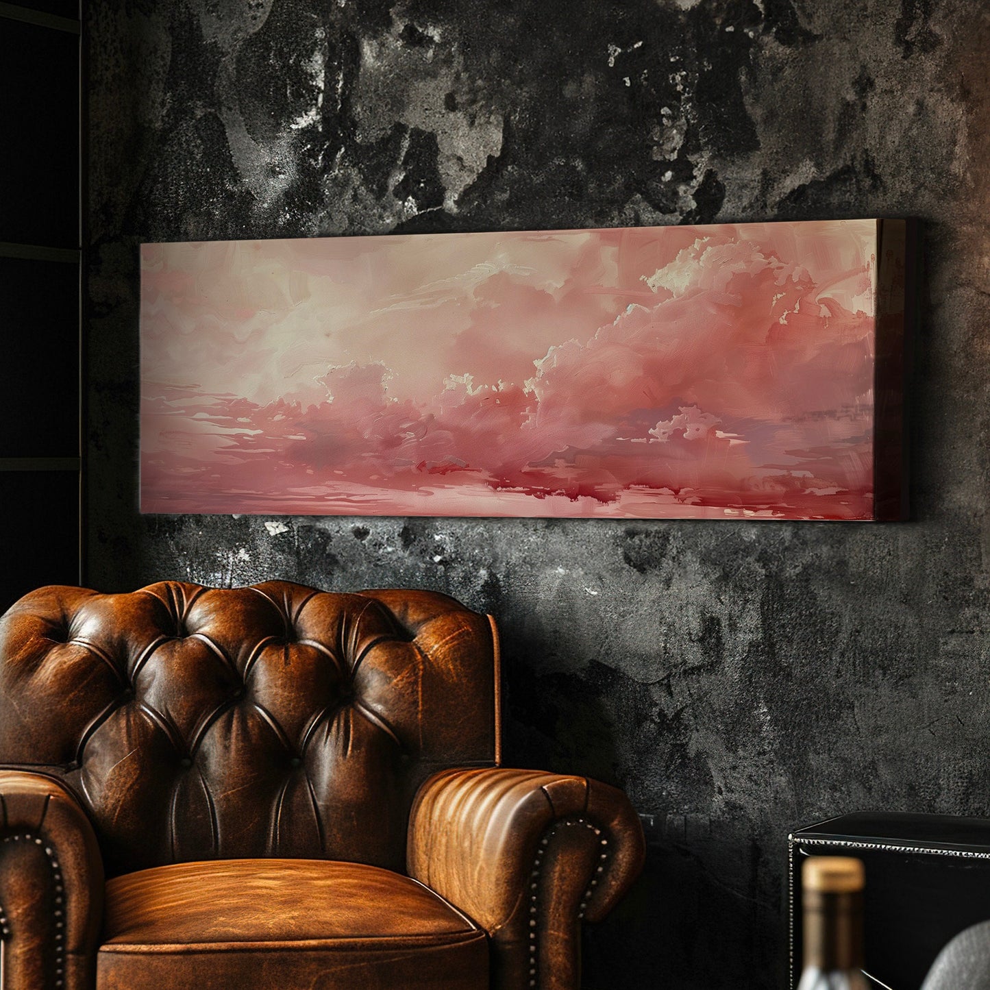 Pink Cloudy Sky Long Horizontal Wall Art For Bedroom, Panoramic Aestetic Canvas Print, Moody Decor Canvas Art