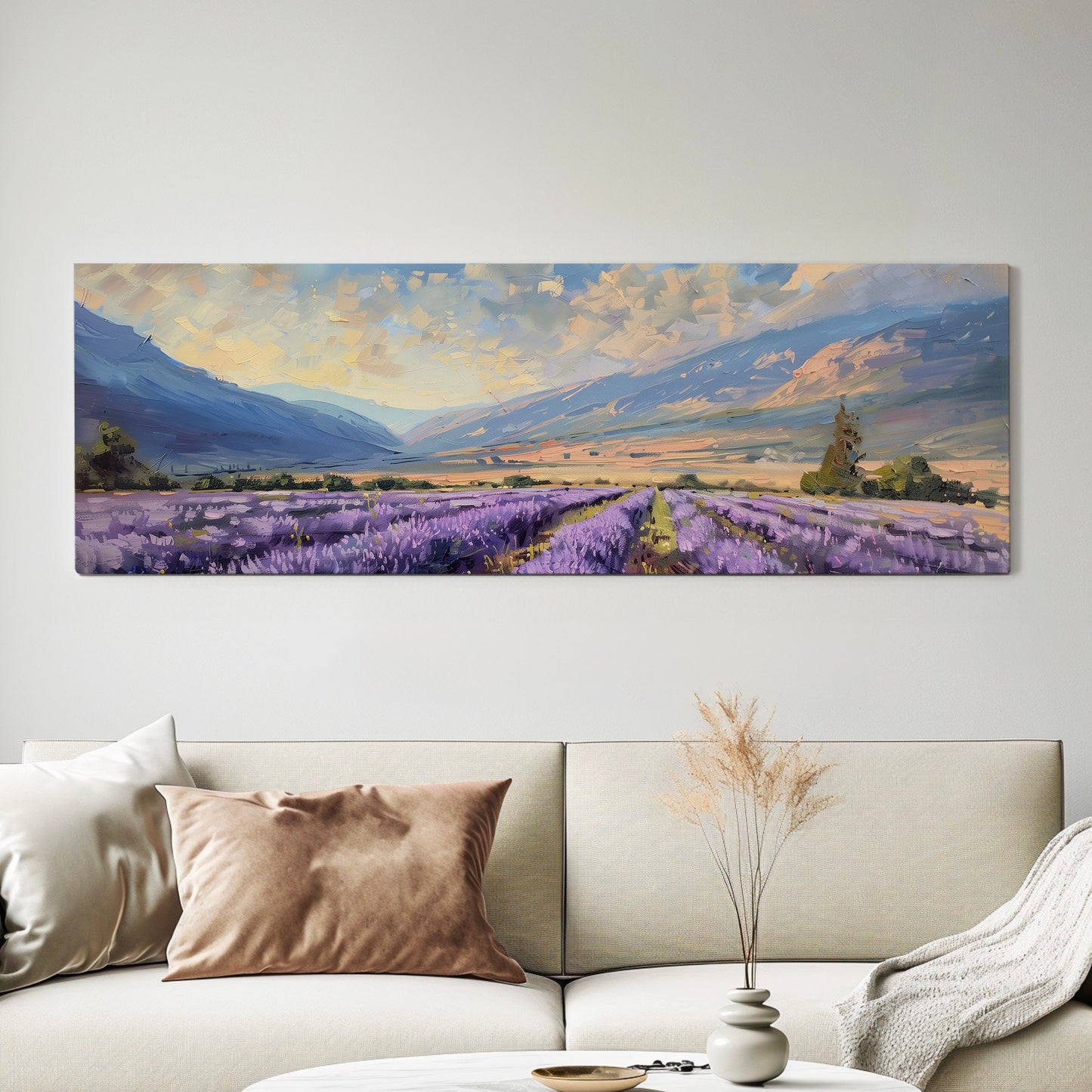 Lavender Field Long Horizontal Wall Art For Living Room, Panoramic Beautiful Flower Canvas Print, Farmhouse Decor Canvas Art