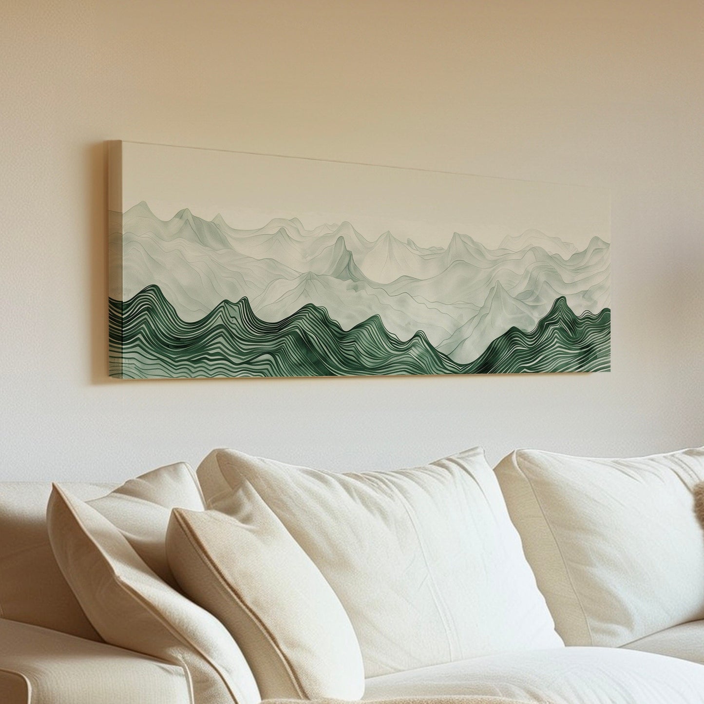 Landscape Sage Green Drawing Long Horizontal Wall Art Above bed, Panoramic Abstract Canvas Print, Minimalist Decor Canvas Art