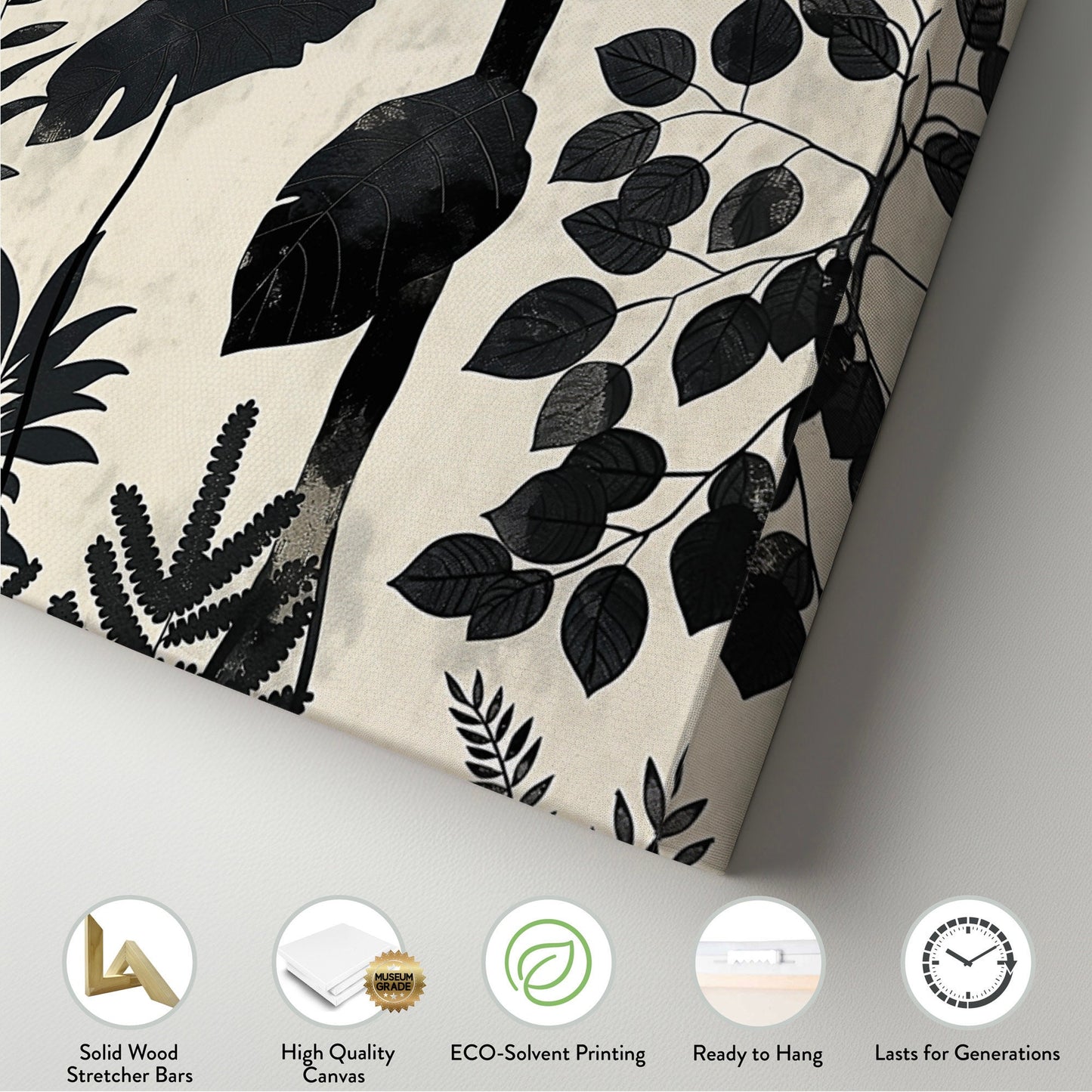 Jungle Scenery Long Horizontal Wall Art For Living Room, Panoramic Black and White Canvas Print, Botanical Decor Canvas Art