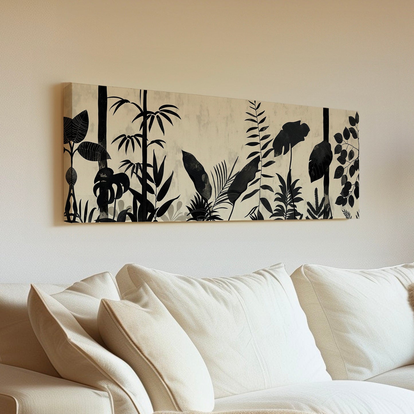 Jungle Scenery Long Horizontal Wall Art For Living Room, Panoramic Black and White Canvas Print, Botanical Decor Canvas Art