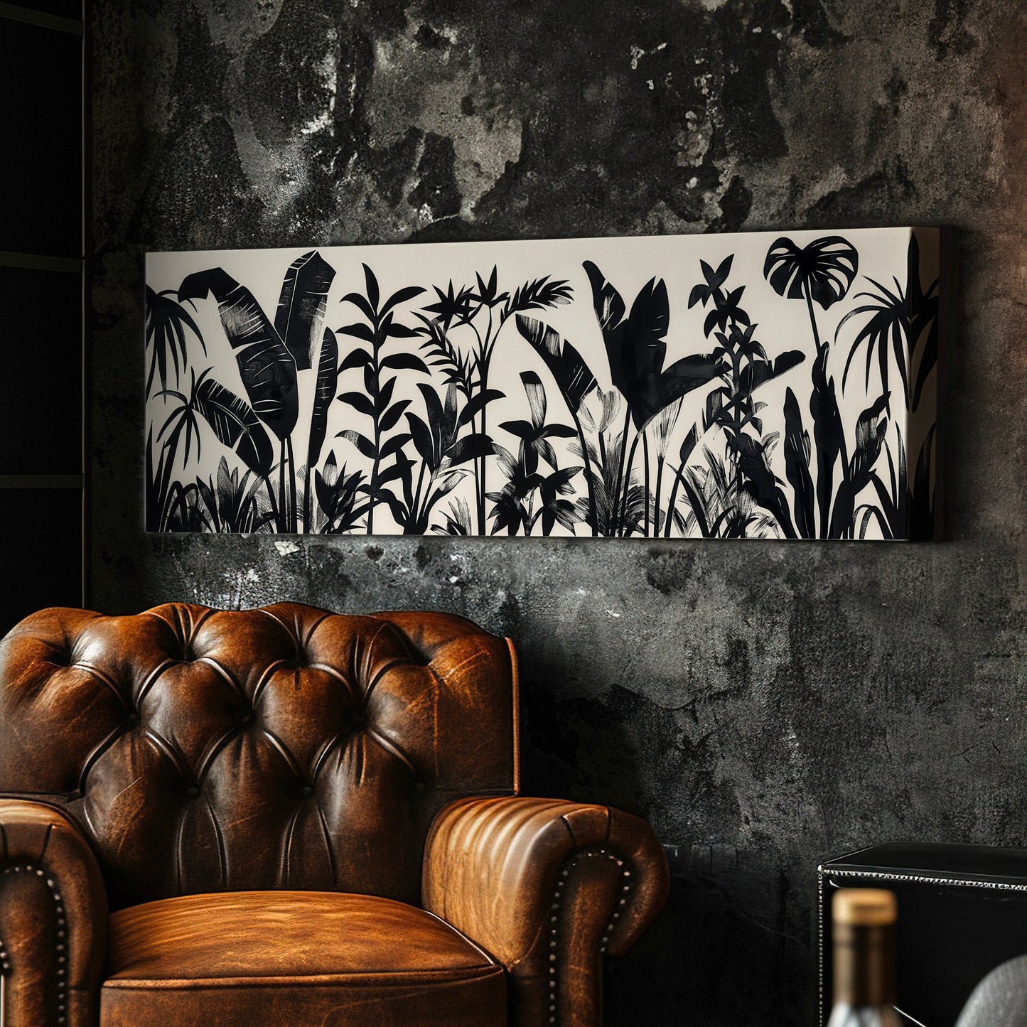 Jungle Plants Long Horizontal Wall Art For Bedroom, Panoramic Black and White Canvas Print, Botanical Decor Canvas Art