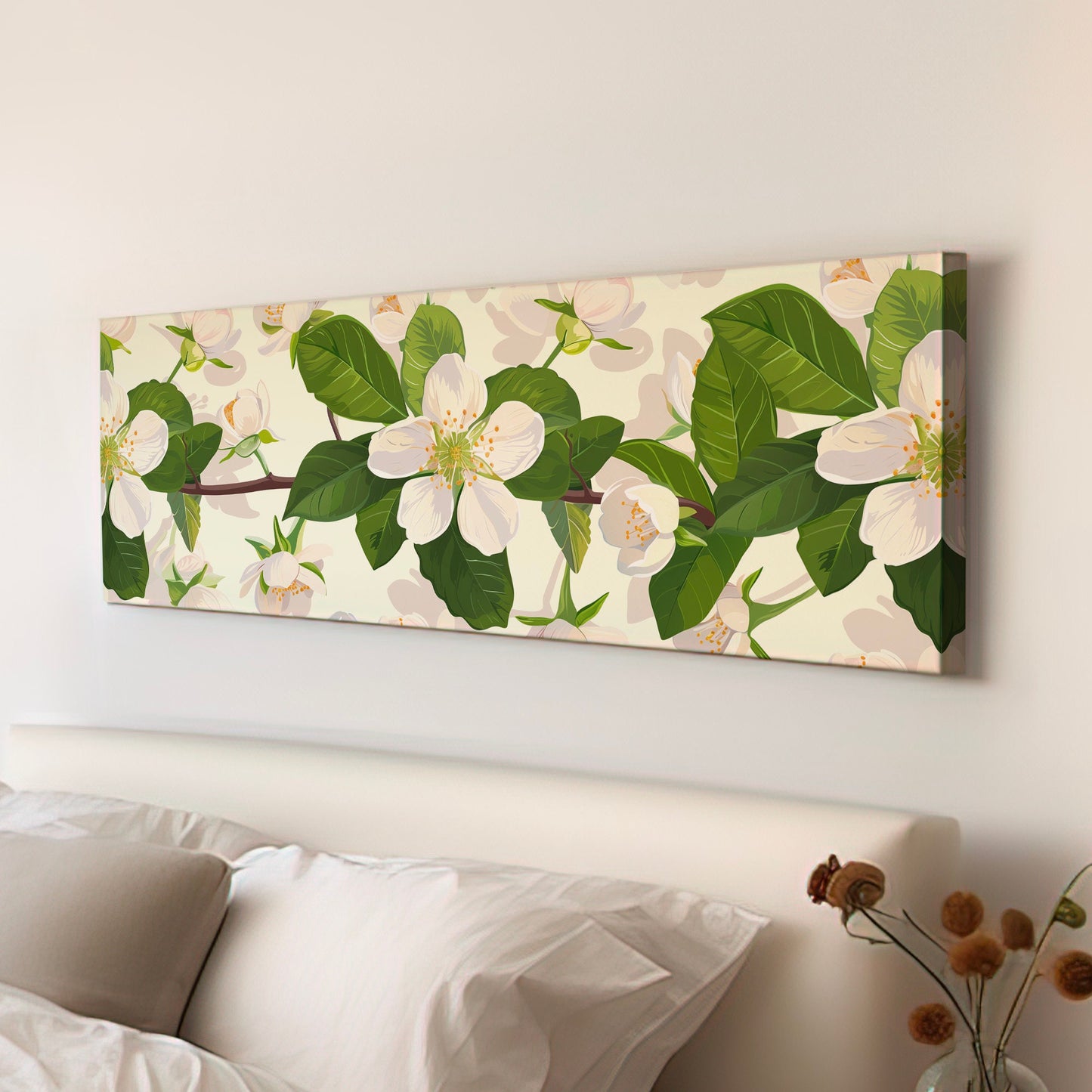 Jasmine Branch Long Horizontal Wall Art Above bed, Panoramic Botanical Artwork Canvas Print, Peaceful Decor Canvas Art