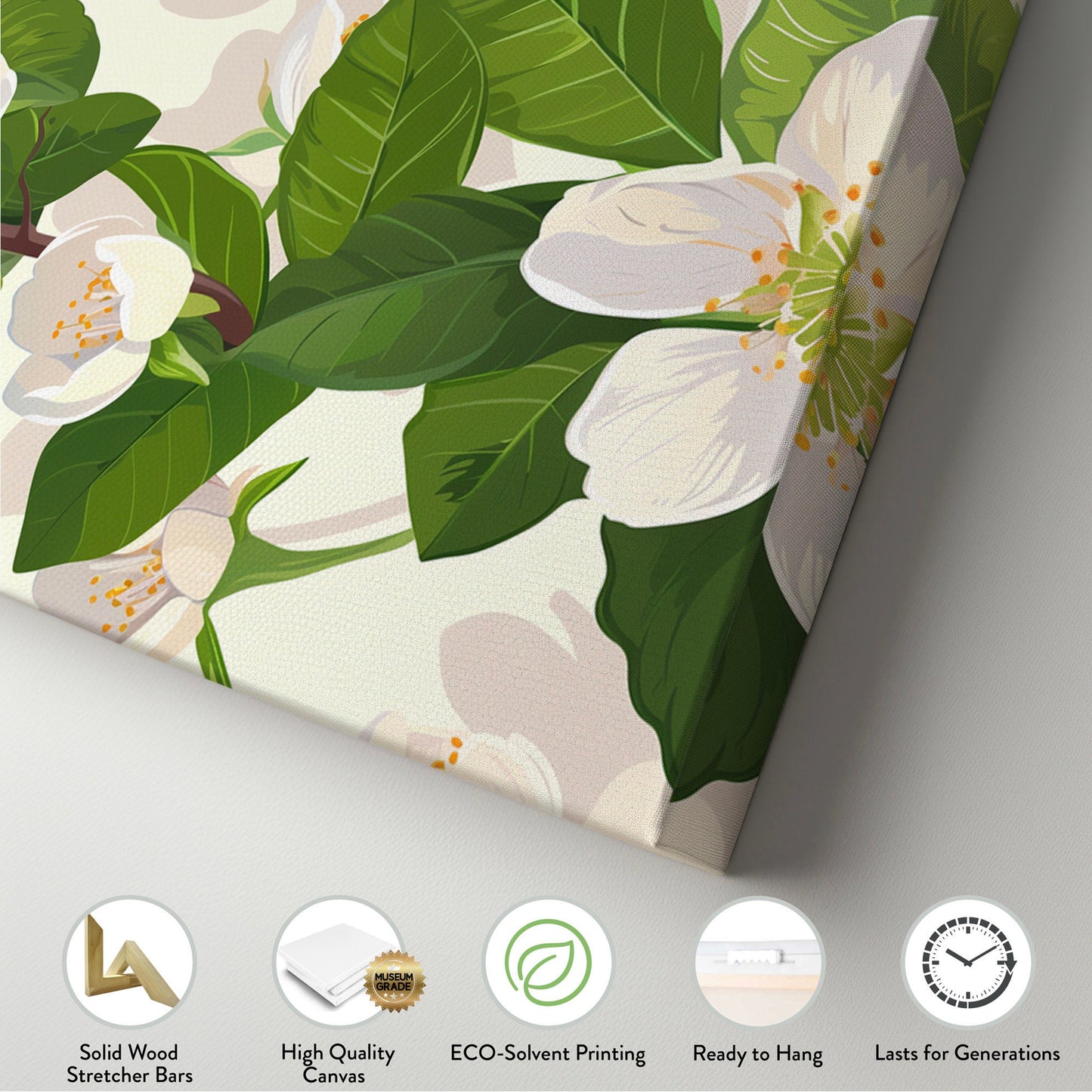 Jasmine Branch Long Horizontal Wall Art Above bed, Panoramic Botanical Artwork Canvas Print, Peaceful Decor Canvas Art